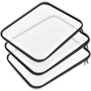 Hoolerry 3 Pcs Clear Hard Zipper Case Plastic Pouch Transparent Hard Case Clear Makeup Bag Portable Travel Organizer Bin for Cosmetics, Building Blocks, Puzzles(Black,L)