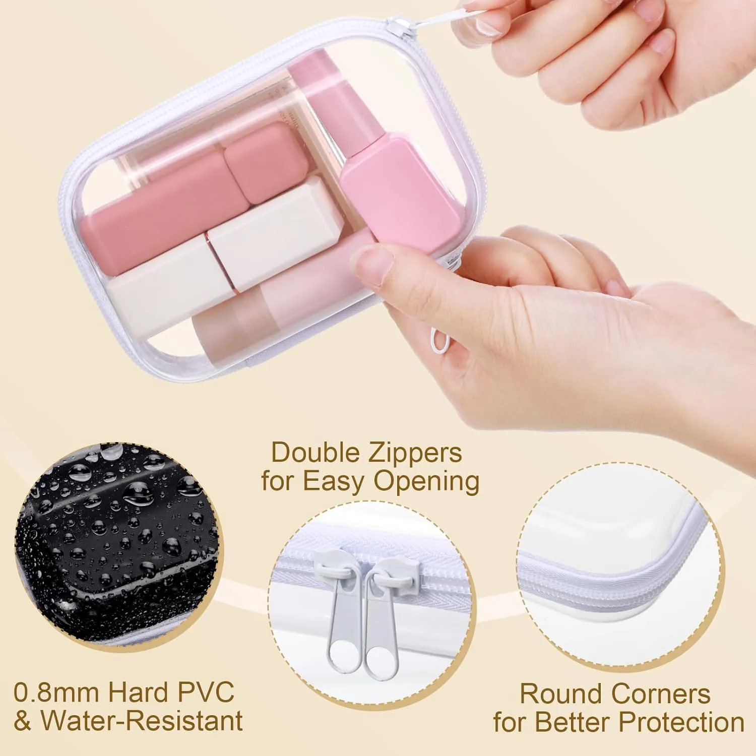 Hoolerry 3 Pcs Clear Hard Zipper Case Plastic Pouch Transparent Hard Case Clear Makeup Bag Portable Travel Organizer Bin for Cosmetics, Building Blocks, Puzzles(White,XS)