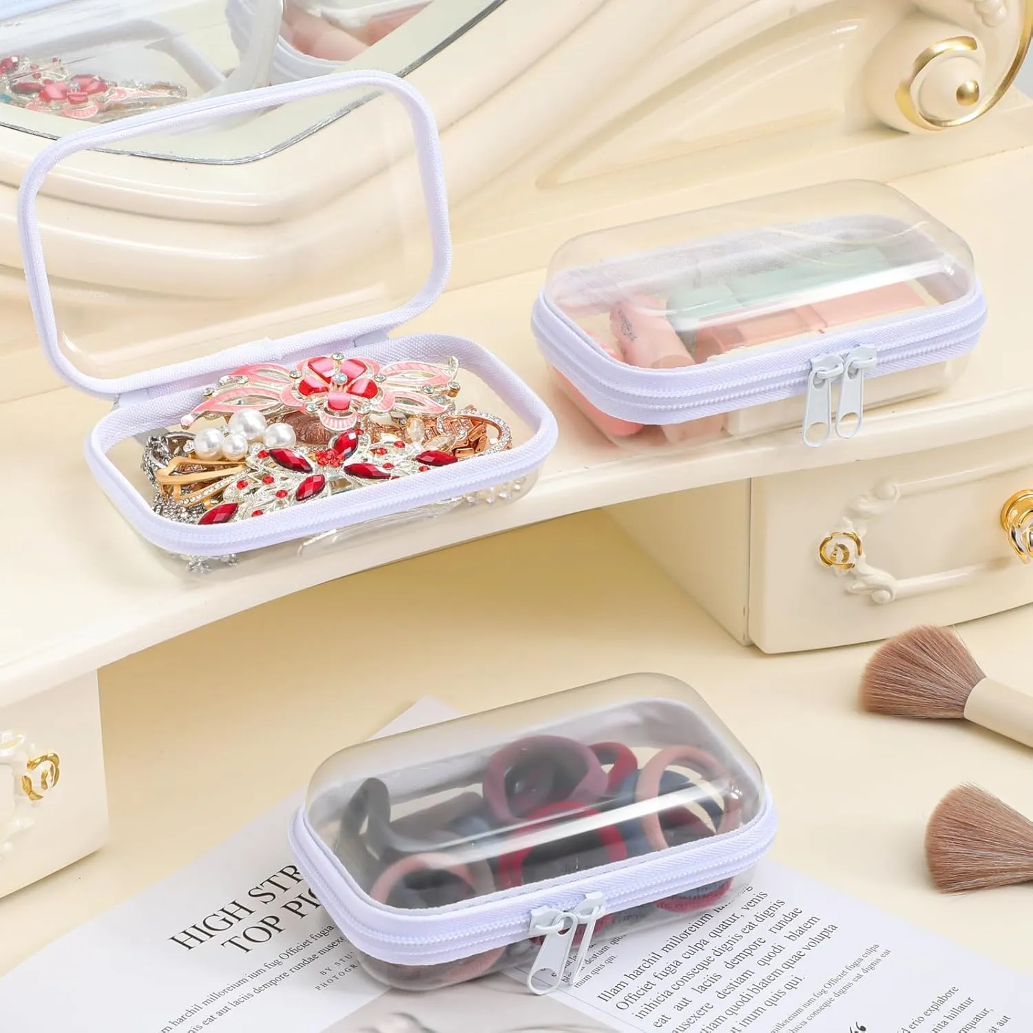 Hoolerry 3 Pcs Clear Hard Zipper Case Plastic Pouch Transparent Hard Case Clear Makeup Bag Portable Travel Organizer Bin for Cosmetics, Building Blocks, Puzzles(White,XS)