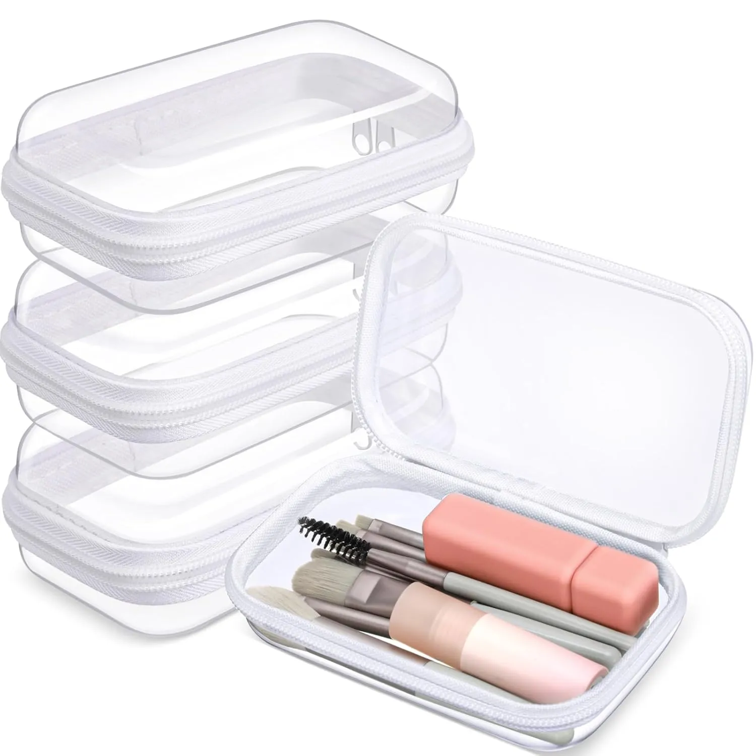 Hoolerry 3 Pcs Clear Hard Zipper Case Plastic Pouch Transparent Hard Case Clear Makeup Bag Portable Travel Organizer Bin for Cosmetics, Building Blocks, Puzzles(White,XS)