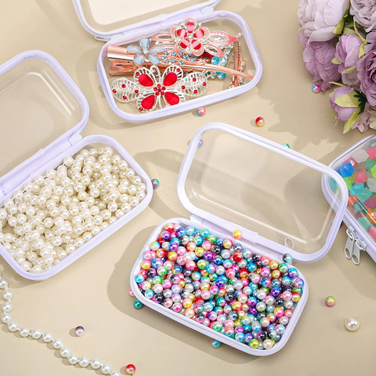Hoolerry 3 Pcs Clear Hard Zipper Case Plastic Pouch Transparent Hard Case Clear Makeup Bag Portable Travel Organizer Bin for Cosmetics, Building Blocks, Puzzles(White,XS)