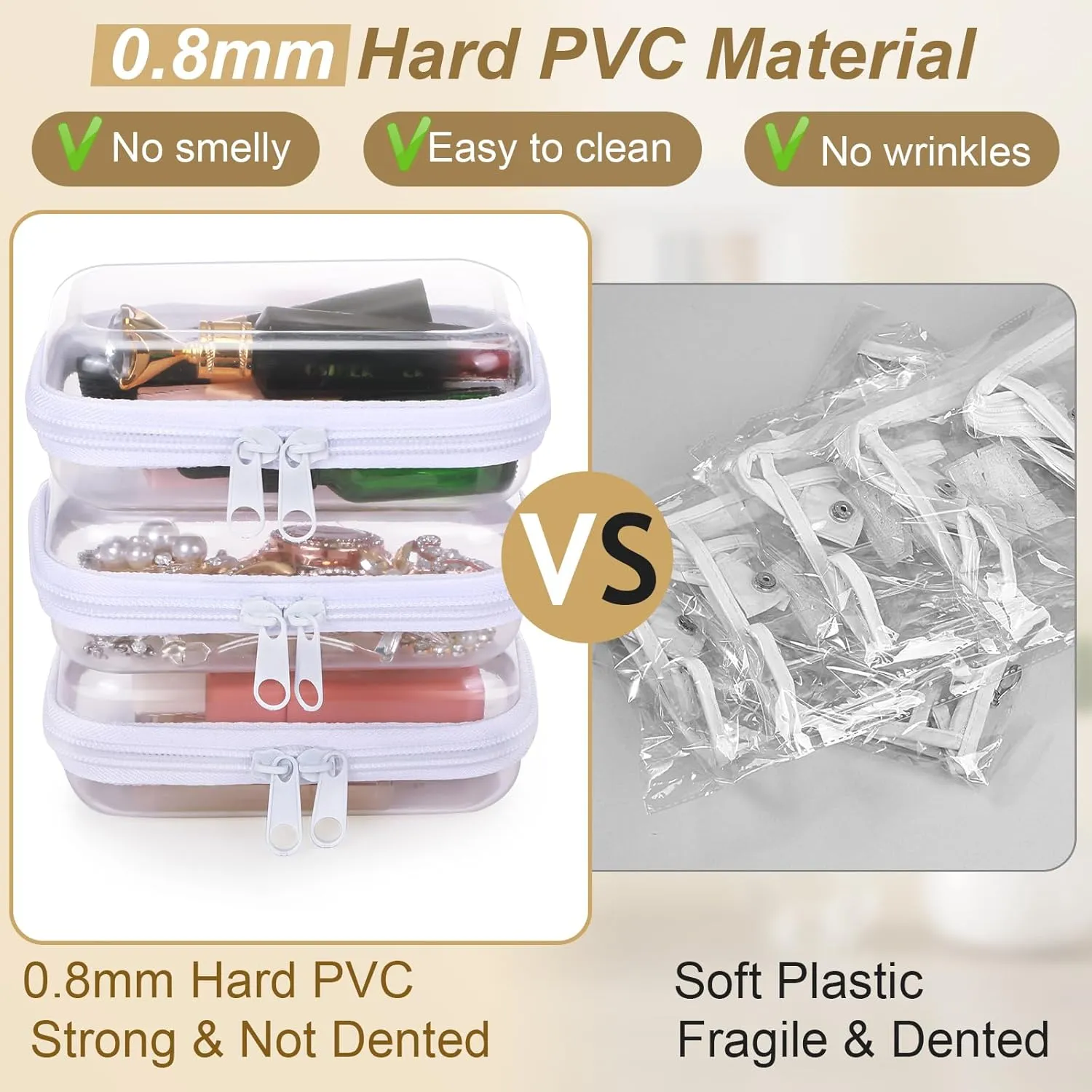 Hoolerry 3 Pcs Clear Hard Zipper Case Plastic Pouch Transparent Hard Case Clear Makeup Bag Portable Travel Organizer Bin for Cosmetics, Building Blocks, Puzzles(White,XS)