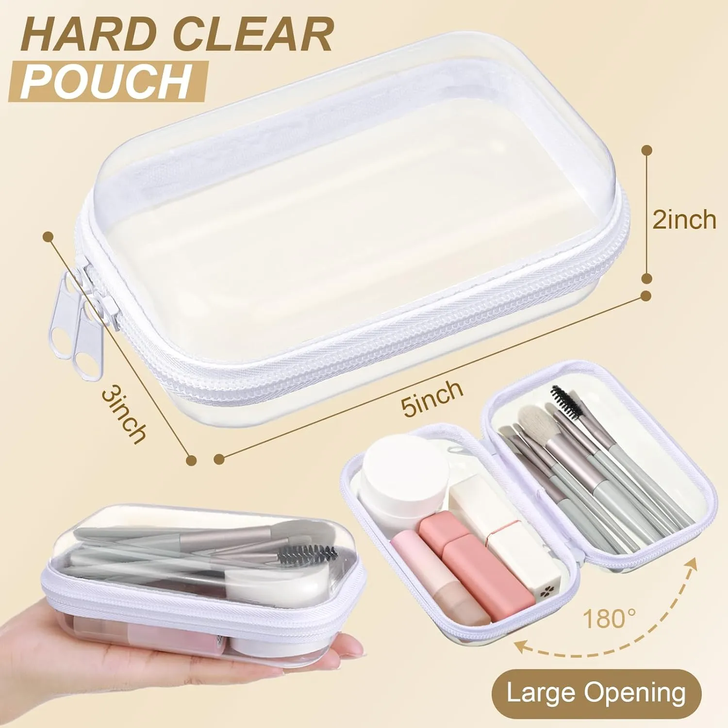 Hoolerry 3 Pcs Clear Hard Zipper Case Plastic Pouch Transparent Hard Case Clear Makeup Bag Portable Travel Organizer Bin for Cosmetics, Building Blocks, Puzzles(White,XS)