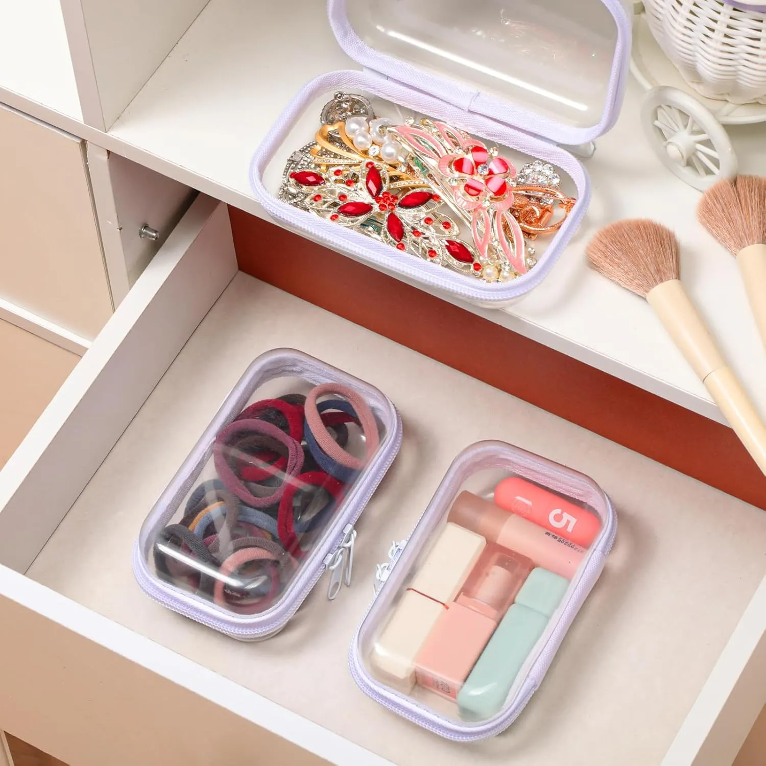 Hoolerry 3 Pcs Clear Hard Zipper Case Plastic Pouch Transparent Hard Case Clear Makeup Bag Portable Travel Organizer Bin for Cosmetics, Building Blocks, Puzzles(White,XS)