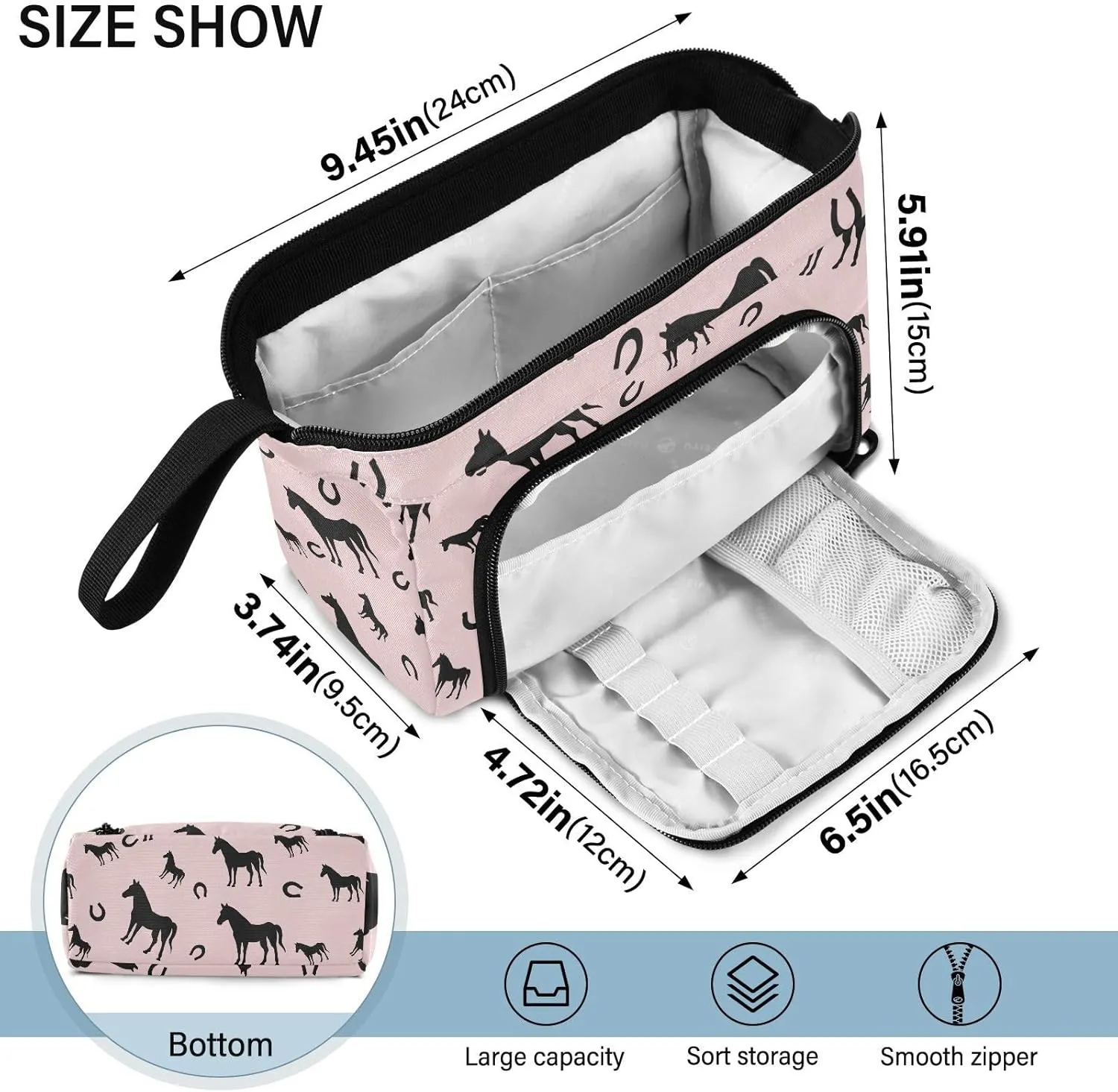 Horse Horseshoe Pencil Case Pouch Big Capacity Pencil Bag Box Organizer Pen Case with Zipper Pencil Cases for Girls Boys Women School College Office