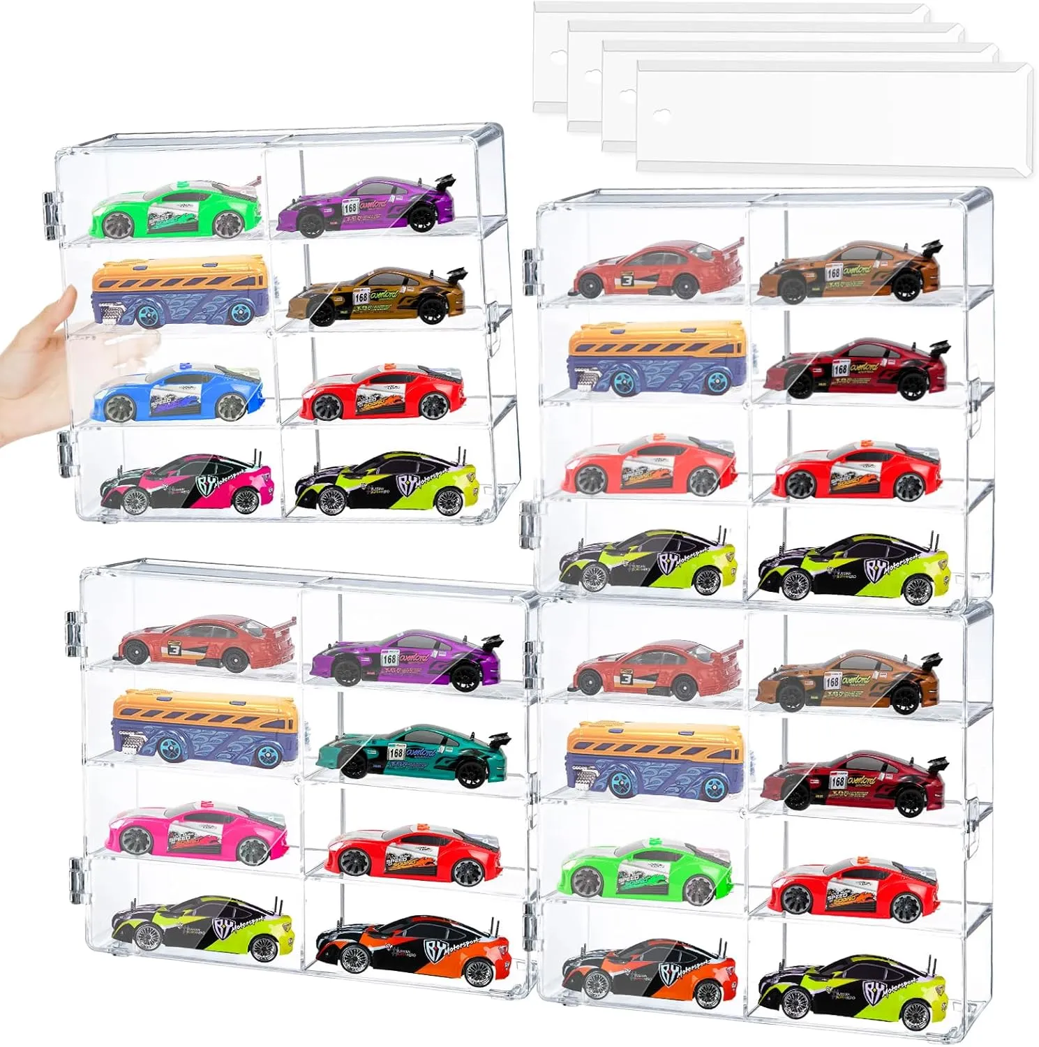 Hot 1/64 Display Set, Includes 32Pcs Cars Display Case for Hot Wheels & 4Pcs Wall-Mounted Displays for Packaged Cars, Stackable Toy Cars Storage Organizer, Dustproof Clear Match-Box