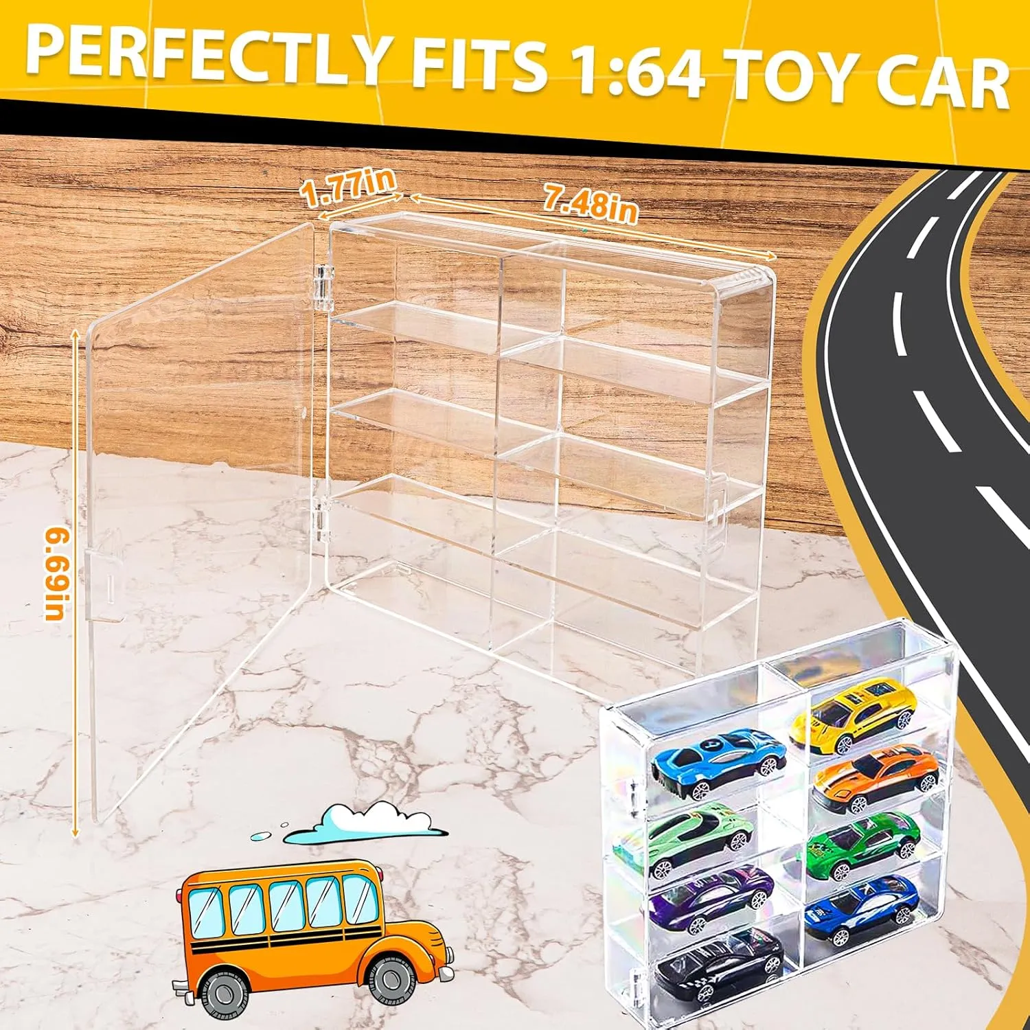 Hot 1/64 Display Set, Includes 32Pcs Cars Display Case for Hot Wheels & 4Pcs Wall-Mounted Displays for Packaged Cars, Stackable Toy Cars Storage Organizer, Dustproof Clear Match-Box