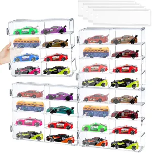 Hot 1/64 Display Set, Includes 32Pcs Cars Display Case for Hot Wheels & 4Pcs Wall-Mounted Displays for Packaged Cars, Stackable Toy Cars Storage Organizer, Dustproof Clear Match-Box