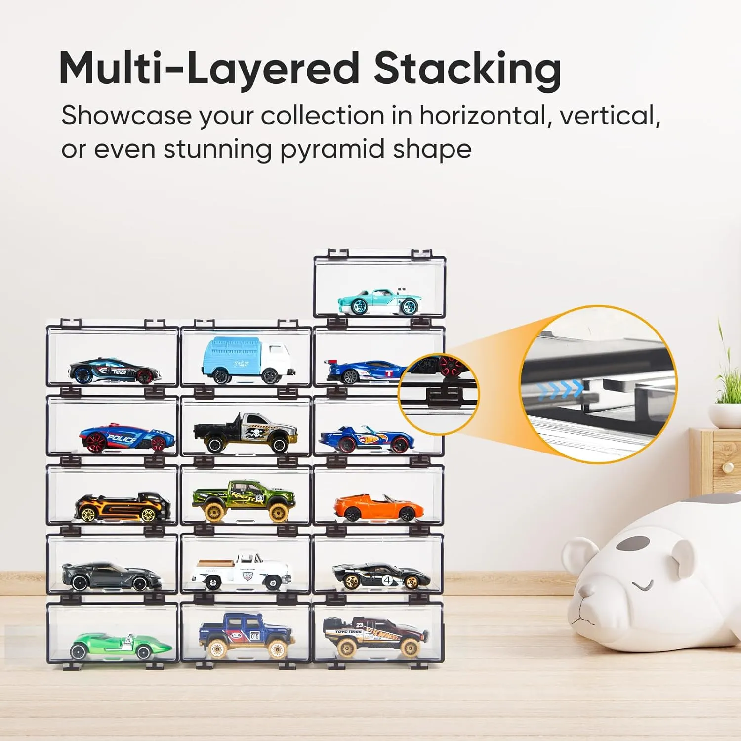 Hot Wheels Display Case: Stackable Toy Car Storage, Transparent Organizer for Matchbox & Hot Wheels 1/64 Scale Diecast Cars (32 Packs, Clear Case Only)
