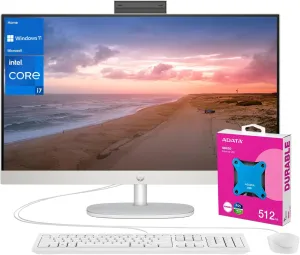 HP 27 i7 All in One Desktop, 27" FHD, Intel i7-1355U, 16GB RAM, 1TB SSD, Wired Keyboard & Mouse, IR Camera, HDMI, RJ45, Wi-Fi 6, Windows 11 Home, White with ADATA 512 External SSD Bundle