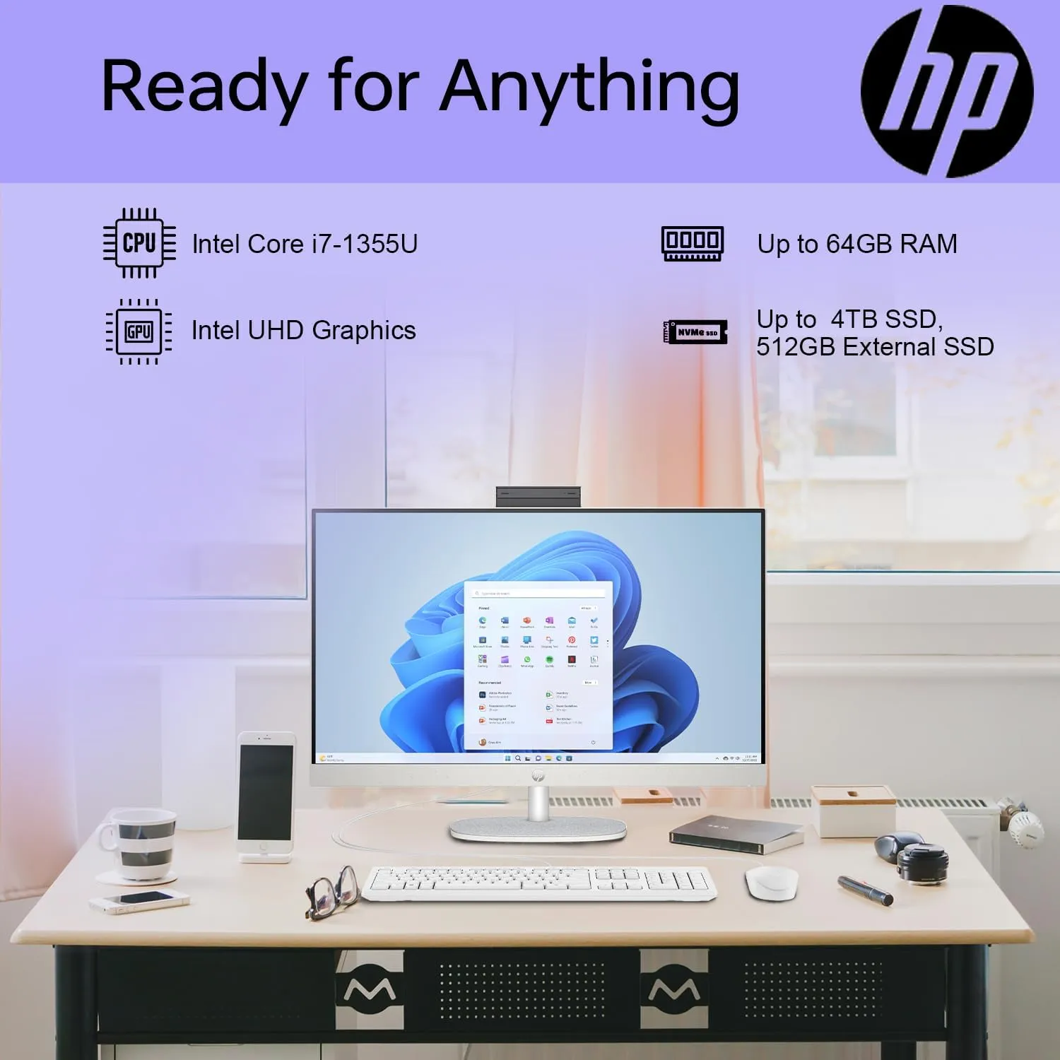 HP 27 i7 All in One Desktop, 27" FHD, Intel i7-1355U, 16GB RAM, 1TB SSD, Wired Keyboard & Mouse, IR Camera, HDMI, RJ45, Wi-Fi 6, Windows 11 Home, White with ADATA 512 External SSD Bundle