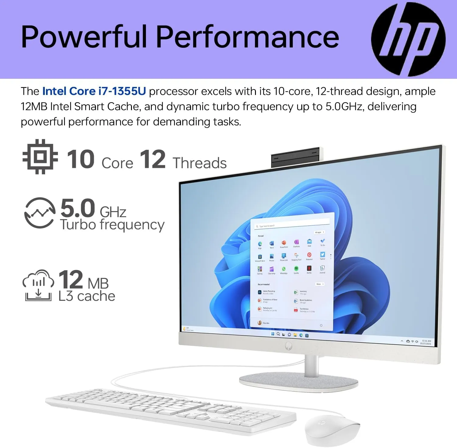 HP 27 i7 All in One Desktop, 27" FHD, Intel i7-1355U, 16GB RAM, 1TB SSD, Wired Keyboard & Mouse, IR Camera, HDMI, RJ45, Wi-Fi 6, Windows 11 Home, White with ADATA 512 External SSD Bundle