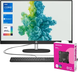 HP 27" 13th i7-1355U All in One Desktop Computer, FHD Display, 64GB RAM, 1TB SSD, IR Camera, RJ-45, Wi-Fi 6, Wired KB & Mouse, Windows 11 Home, Black, with Adata 512 External SSD Bundle