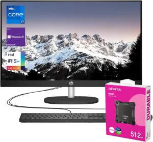 HP Business 27" 13th i7 All in One Desktop Computer, FHD Display, 64GB RAM, 1TB SSD, IR Camera, RJ-45, Wi-Fi 6, Wired KB & Mouse, Windows 11 Pro, Black, with Adata 512 External SSD Bundle