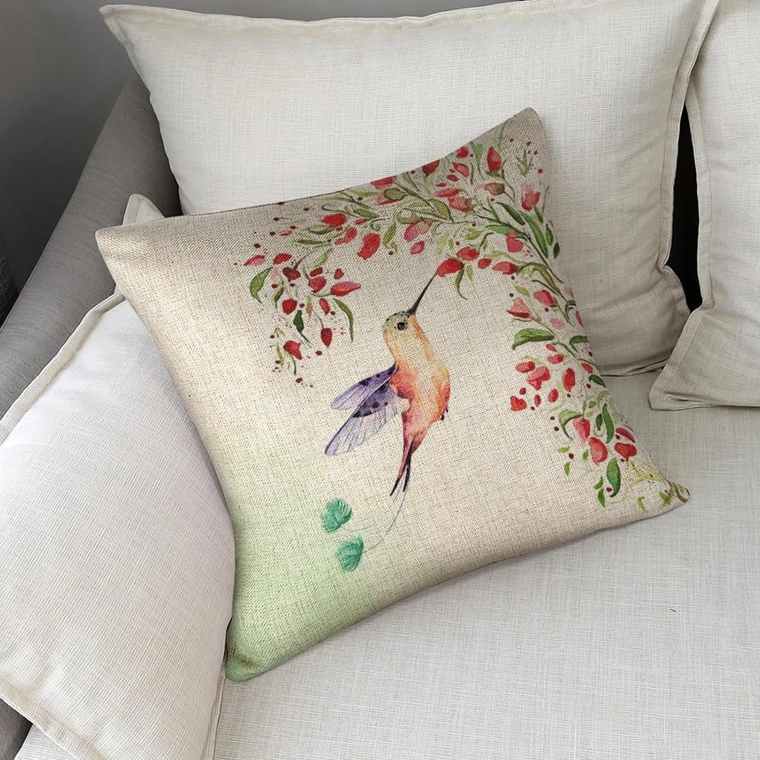 Hummingbird Under The Flower Vines Pillow Cases 18x18 Linen Pillow Covers Hawaii Boho Farmhouse Cushion for Sofa Car Office Chair Room Decor - Hummingbird Gifts