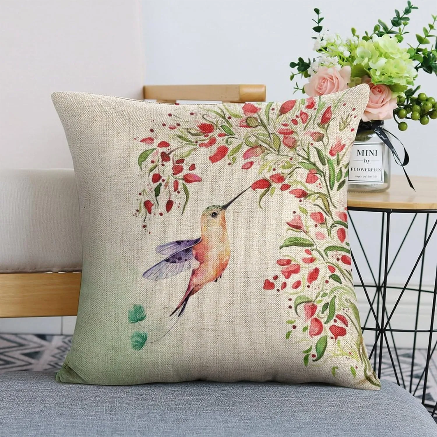 Hummingbird Under The Flower Vines Pillow Cases 18x18 Linen Pillow Covers Hawaii Boho Farmhouse Cushion for Sofa Car Office Chair Room Decor - Hummingbird Gifts