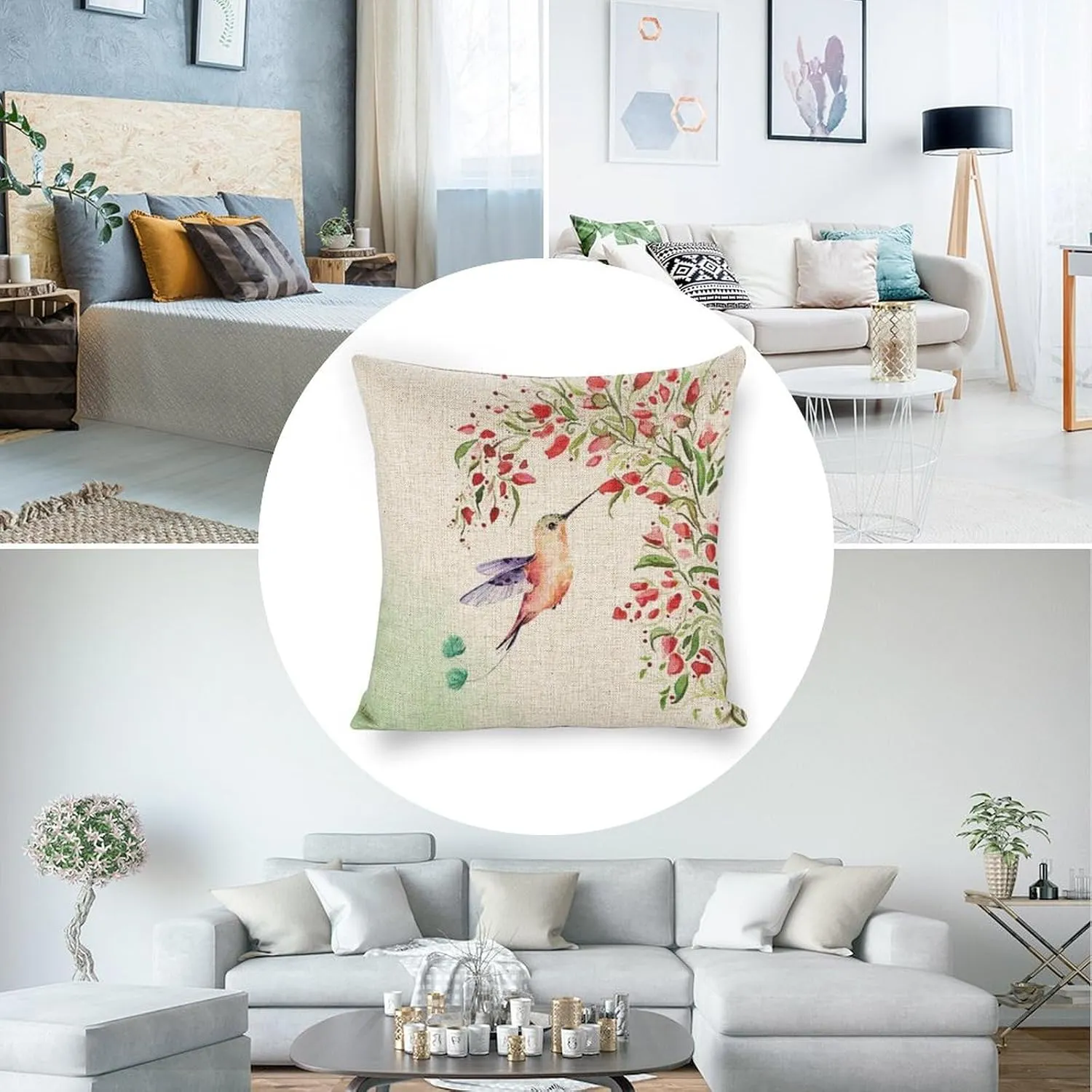 Hummingbird Under The Flower Vines Pillow Cases 18x18 Linen Pillow Covers Hawaii Boho Farmhouse Cushion for Sofa Car Office Chair Room Decor - Hummingbird Gifts