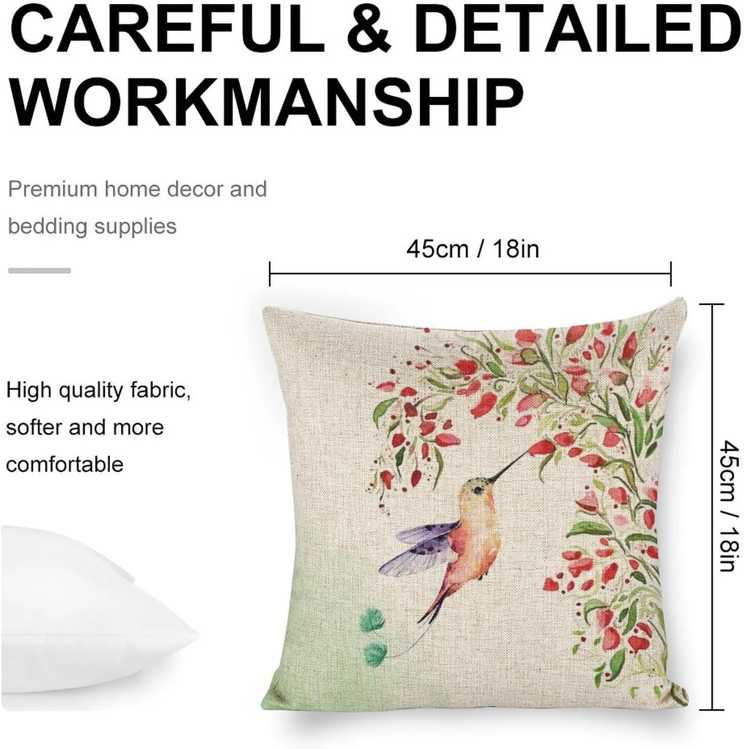 Hummingbird Under The Flower Vines Pillow Cases 18x18 Linen Pillow Covers Hawaii Boho Farmhouse Cushion for Sofa Car Office Chair Room Decor - Hummingbird Gifts