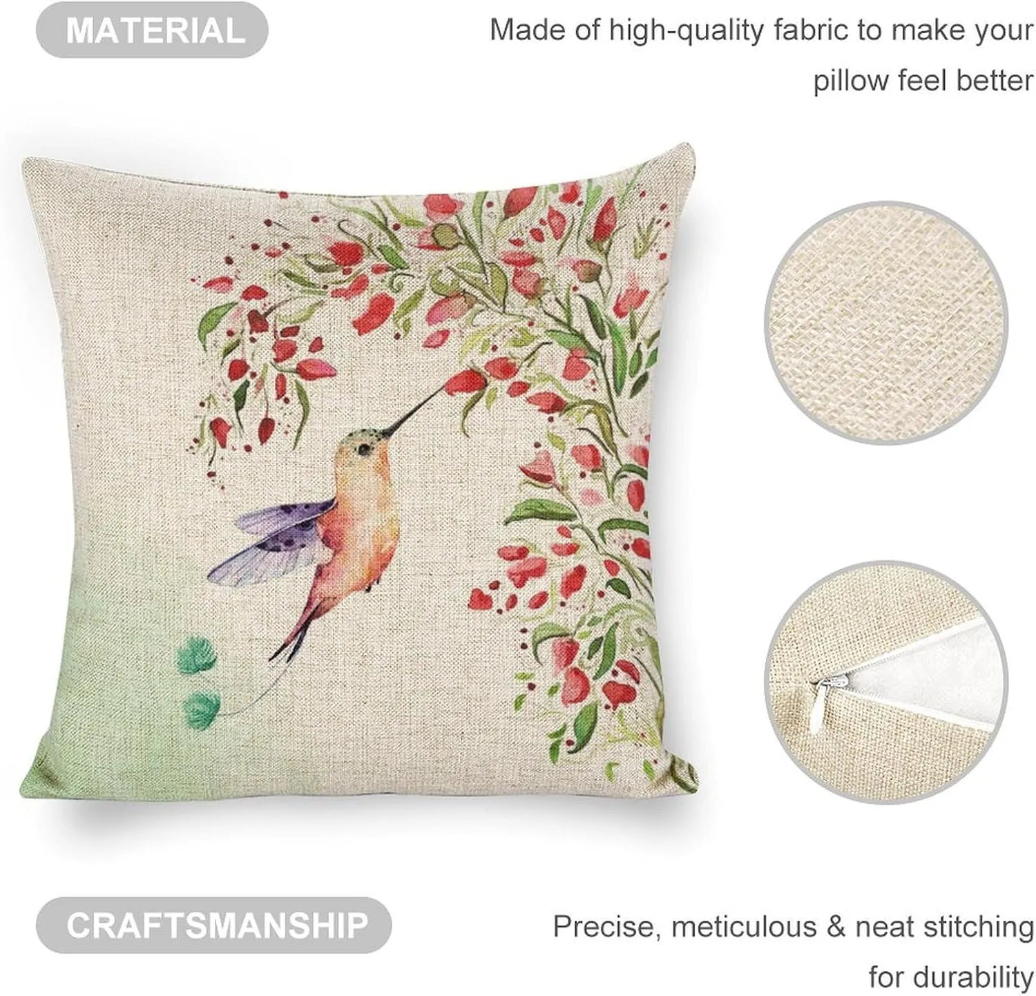 Hummingbird Under The Flower Vines Pillow Cases 18x18 Linen Pillow Covers Hawaii Boho Farmhouse Cushion for Sofa Car Office Chair Room Decor - Hummingbird Gifts