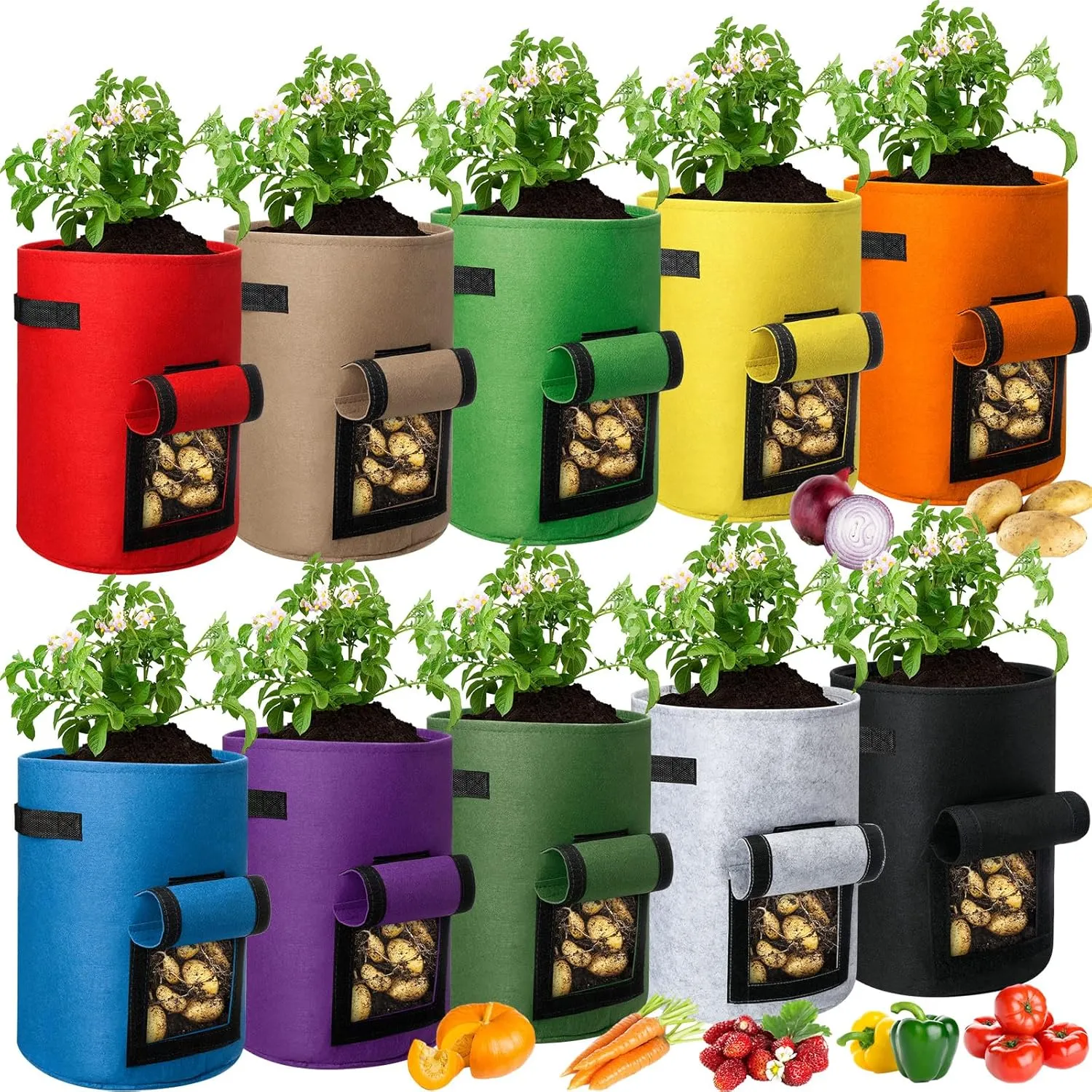 Hushee 10 Pcs 10 Gallon Potato Grow Bags Garden Planting Bag Vegetable Grow Bags with Flap and Handle Thickened Nonwoven Fabric Pots Thick Fabric Garden Containers for Potato Tomato Vegetable