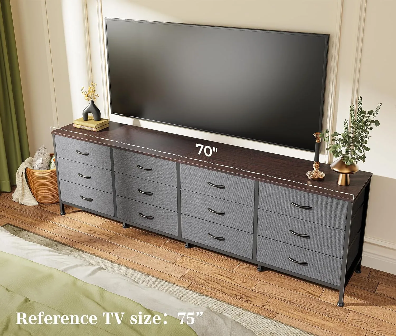Huuger 70 Inch Dresser for Bedroom, TV Stand for 65, 75, 80 Inch TV, 12 Drawer Long Dresser, Large Storage Organizer Unit, Wide Chest of Drawer with Storage, Fabric Drawer for Living Room, Dark Grey