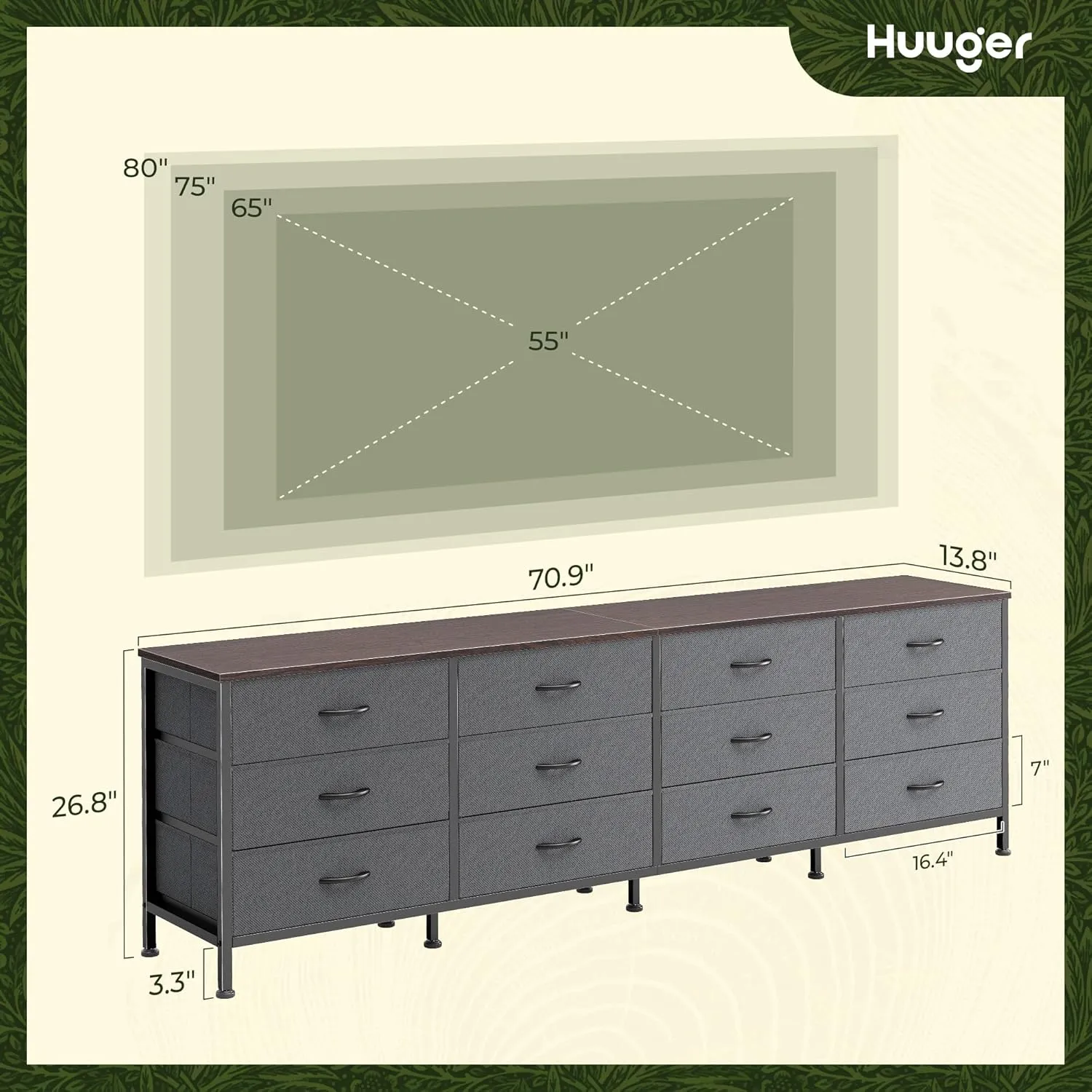 Huuger 70 Inch Dresser for Bedroom, TV Stand for 65, 75, 80 Inch TV, 12 Drawer Long Dresser, Large Storage Organizer Unit, Wide Chest of Drawer with Storage, Fabric Drawer for Living Room, Dark Grey