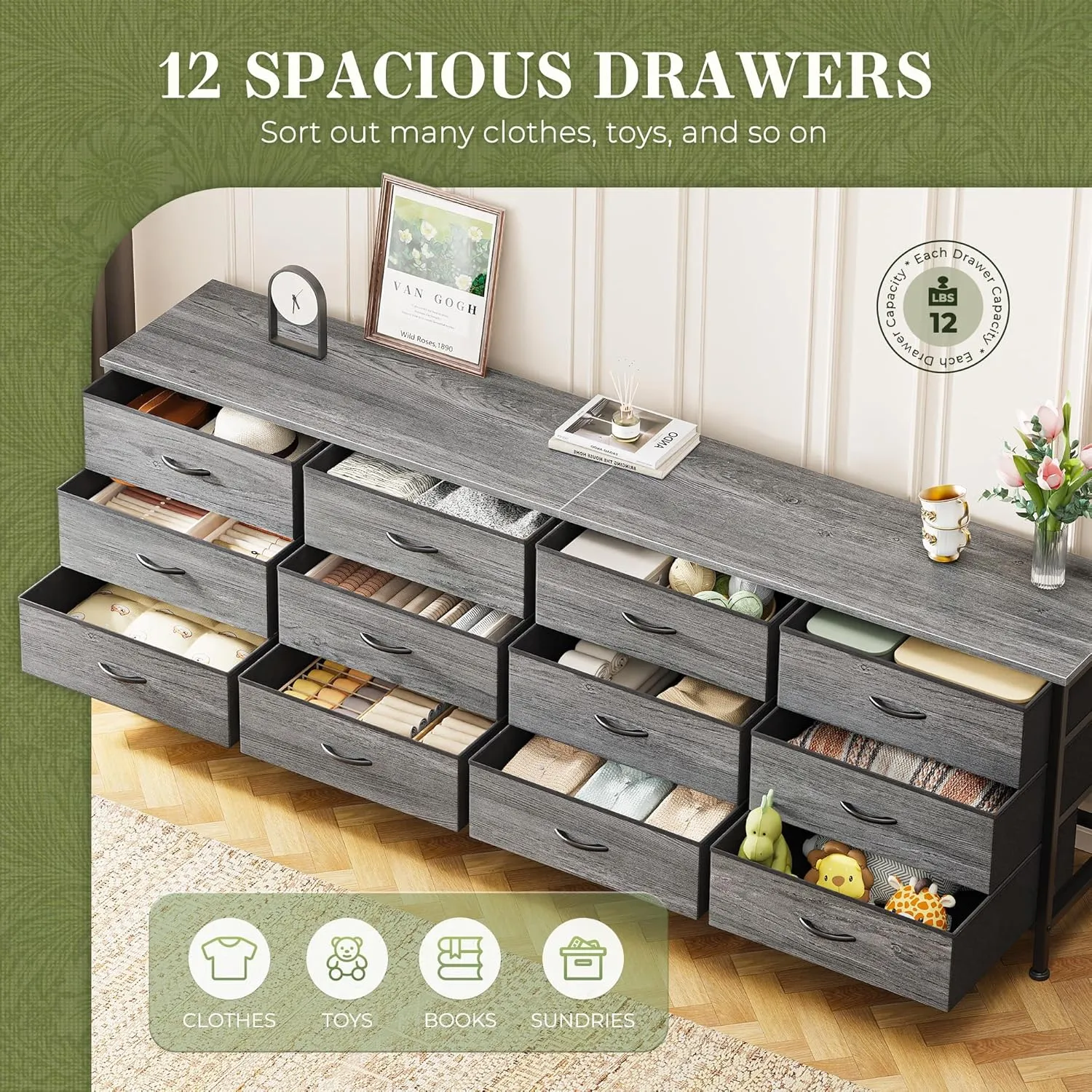 Huuger 70 Inch Dresser for Bedroom, TV Stand for 65, 75, 80 Inch TV, 12 Fabric Drawer Long Dresser, Large Storage Organizer Unit, Wide Chest of Drawer with Storage, for Living Room, Grey