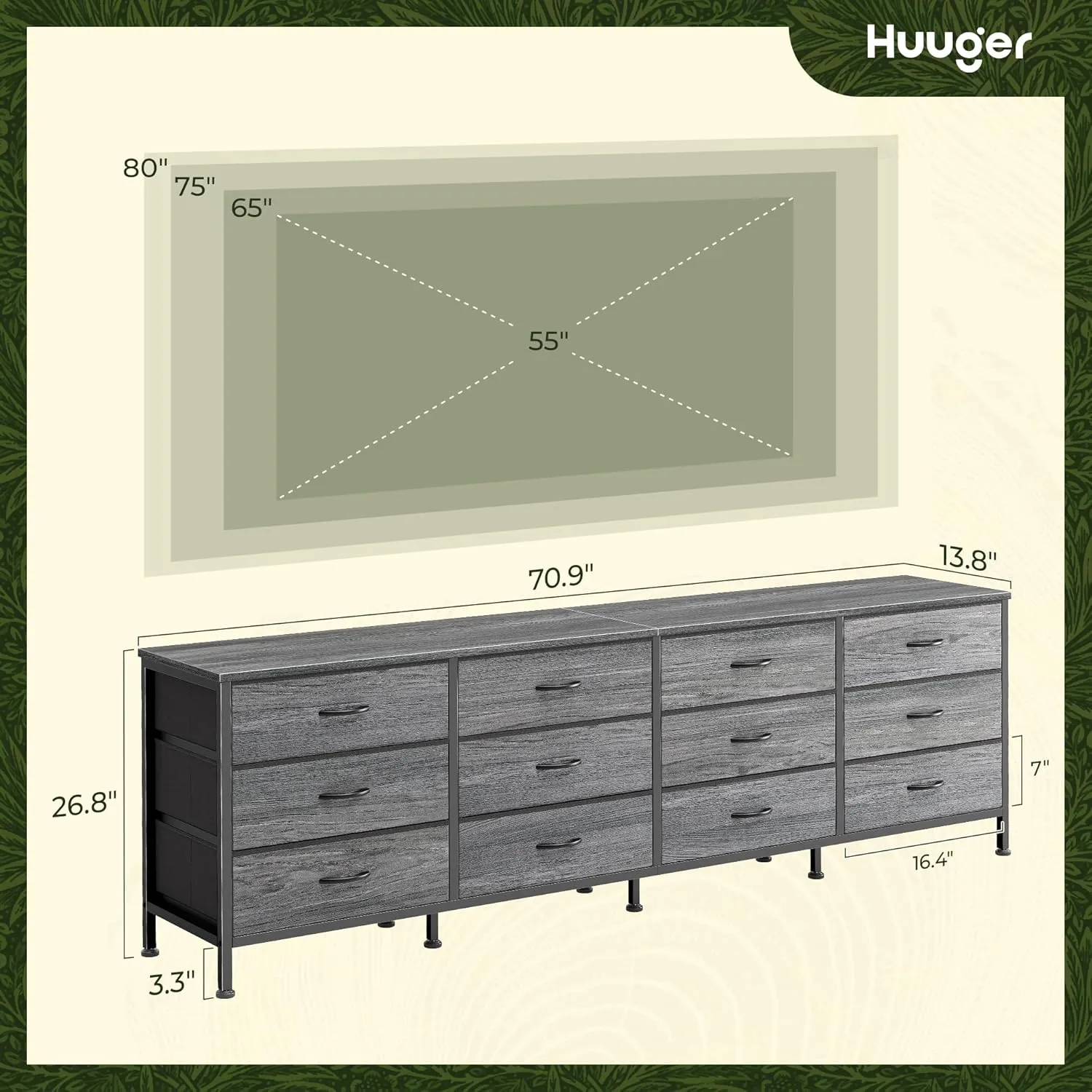 Huuger 70 Inch Dresser for Bedroom, TV Stand for 65, 75, 80 Inch TV, 12 Fabric Drawer Long Dresser, Large Storage Organizer Unit, Wide Chest of Drawer with Storage, for Living Room, Grey