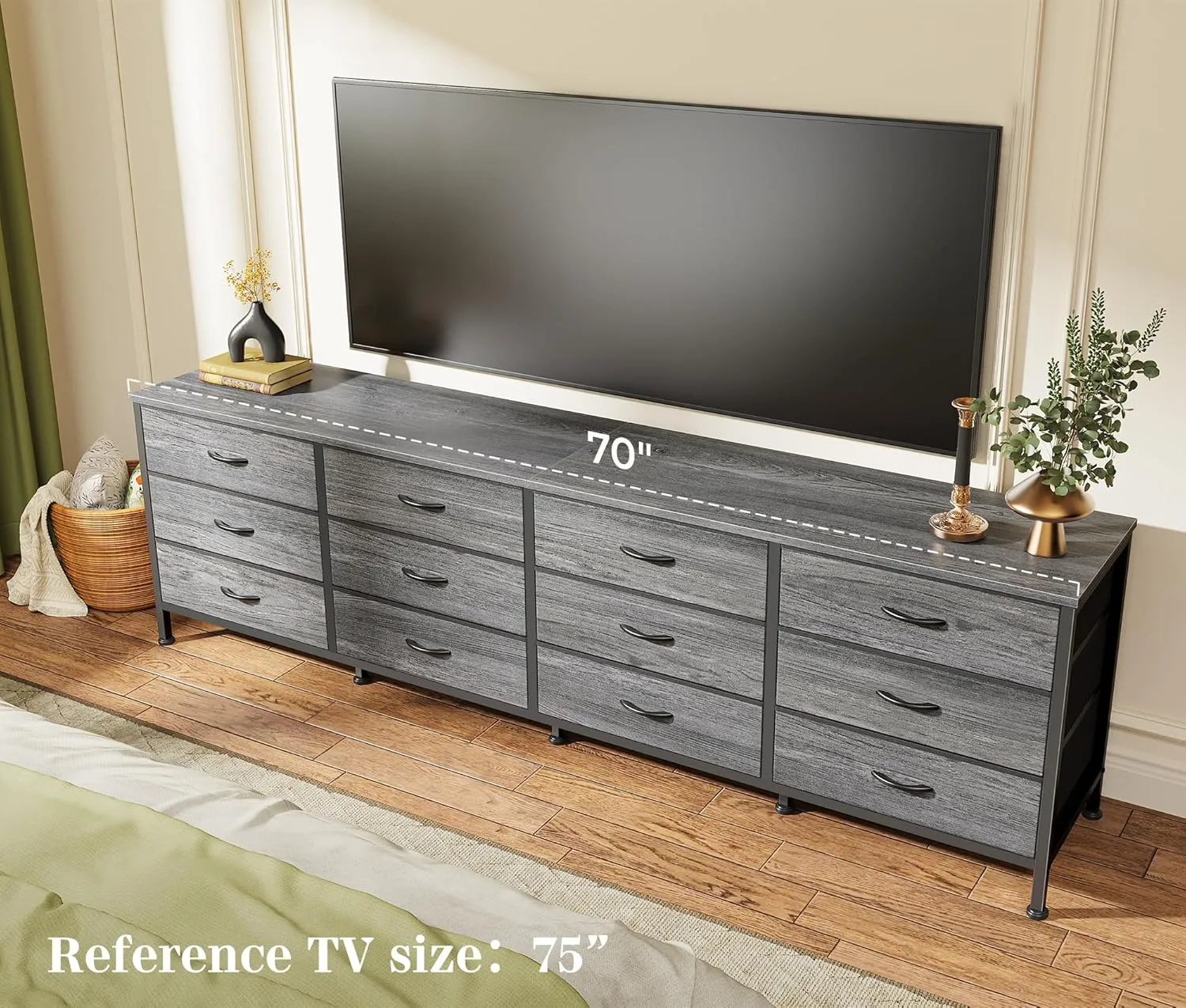 Huuger 70 Inch Dresser for Bedroom, TV Stand for 65, 75, 80 Inch TV, 12 Fabric Drawer Long Dresser, Large Storage Organizer Unit, Wide Chest of Drawer with Storage, for Living Room, Grey