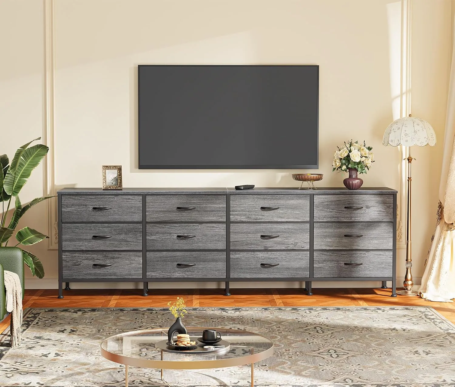 Huuger 70 Inch Dresser for Bedroom, TV Stand for 65, 75, 80 Inch TV, 12 Fabric Drawer Long Dresser, Large Storage Organizer Unit, Wide Chest of Drawer with Storage, for Living Room, Grey