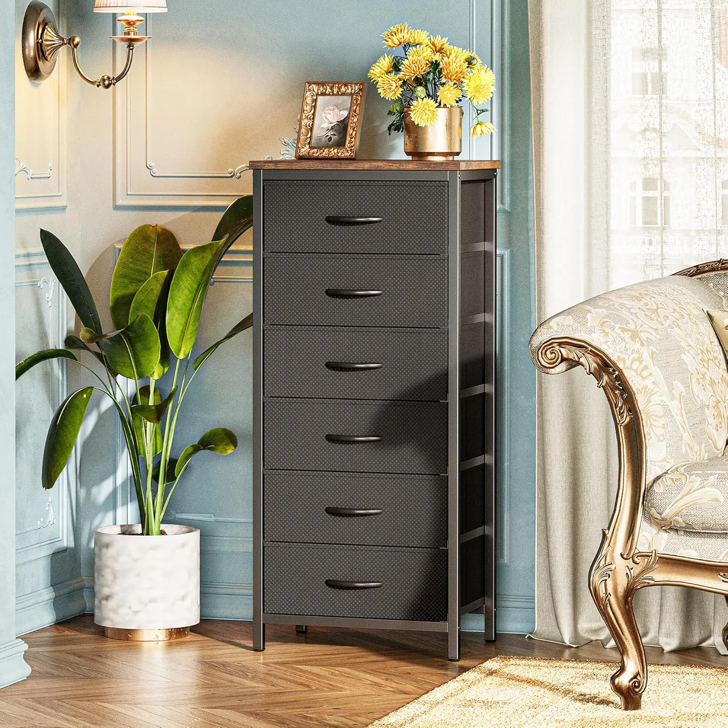 Huuger Tall Dresser for Bedroom, 6 Drawer Dresser & Chests of Drawers, Fabric Dresser for Closet, Bedroom, Night Stand, End Table with Metal Frame, Storage Tower, Rustic Brown and Black