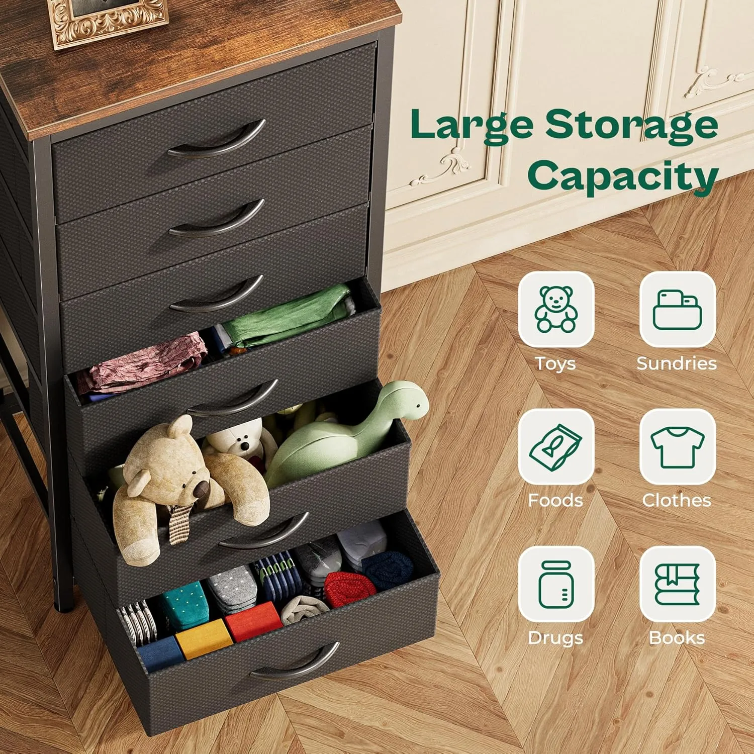 Huuger Tall Dresser for Bedroom, 6 Drawer Dresser & Chests of Drawers, Fabric Dresser for Closet, Bedroom, Night Stand, End Table with Metal Frame, Storage Tower, Rustic Brown and Black