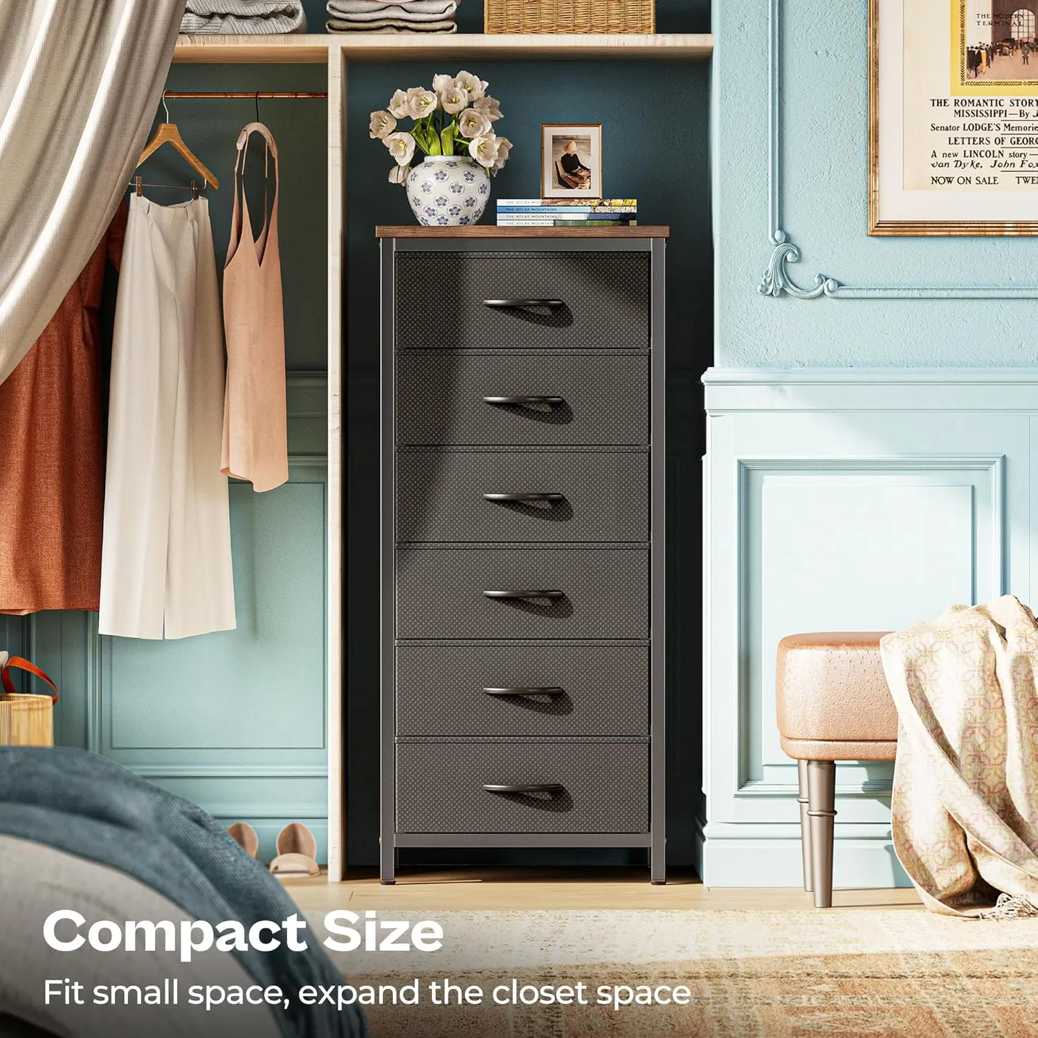 Huuger Tall Dresser for Bedroom, 6 Drawer Dresser & Chests of Drawers, Fabric Dresser for Closet, Bedroom, Night Stand, End Table with Metal Frame, Storage Tower, Rustic Brown and Black