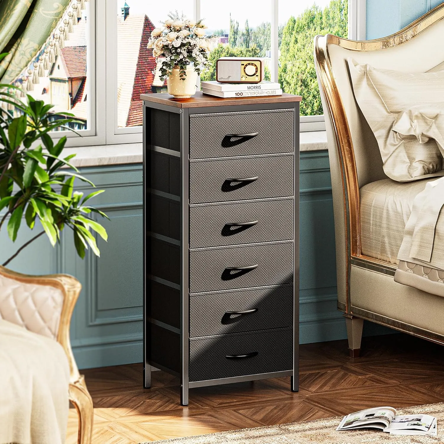Huuger Tall Dresser for Bedroom, 6 Drawer Dresser & Chests of Drawers, Fabric Dresser for Closet, Bedroom, Night Stand, End Table with Metal Frame, Storage Tower, Rustic Brown and Black