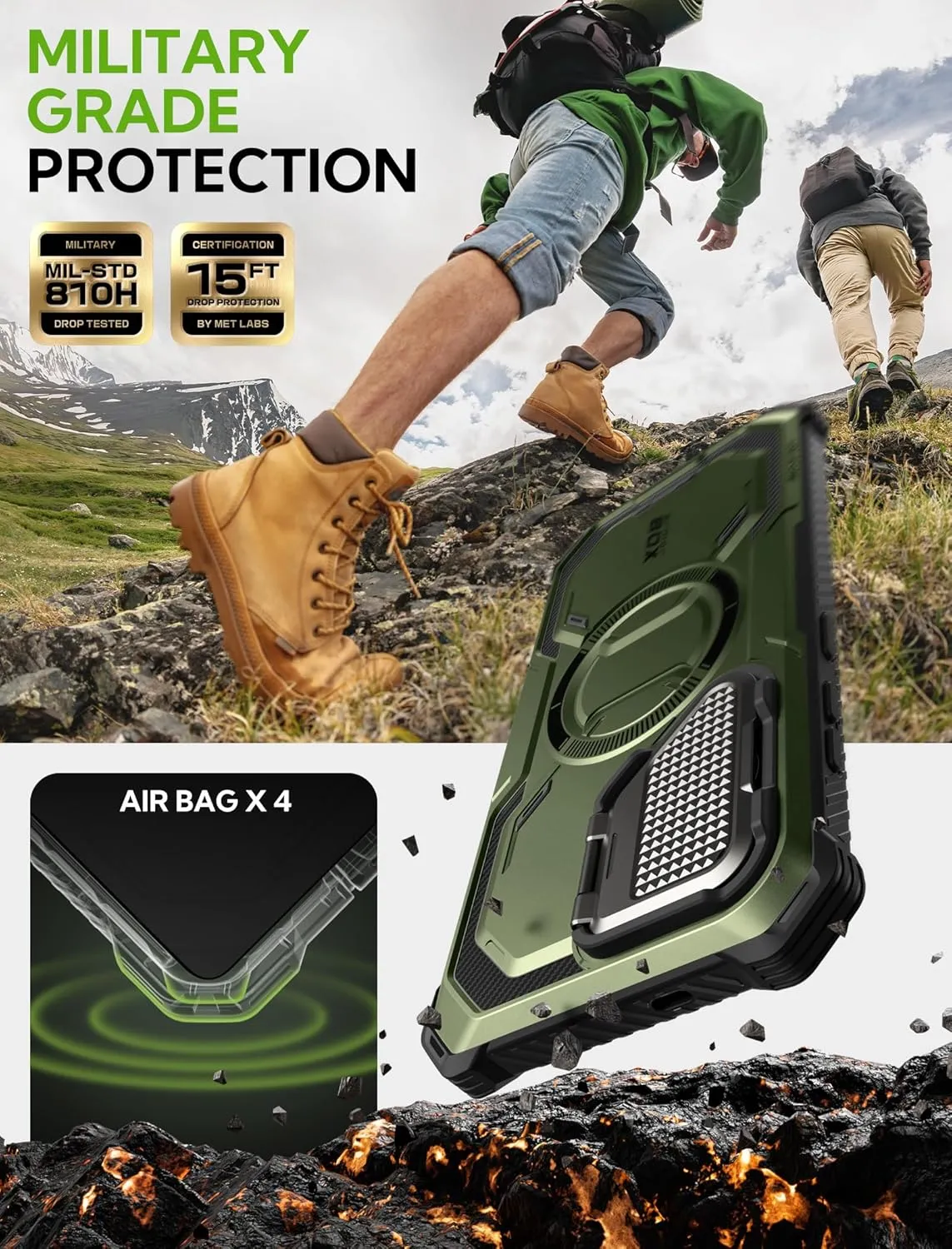 i-Blason for Samsung Galaxy S25 Case with Camera Cover Stand [MagSafe Compatible] [Built-in Screen Protector] Full-Body Military-Grade Protection Rugged Magnetic Phone Case for S25 6.2'', Green
