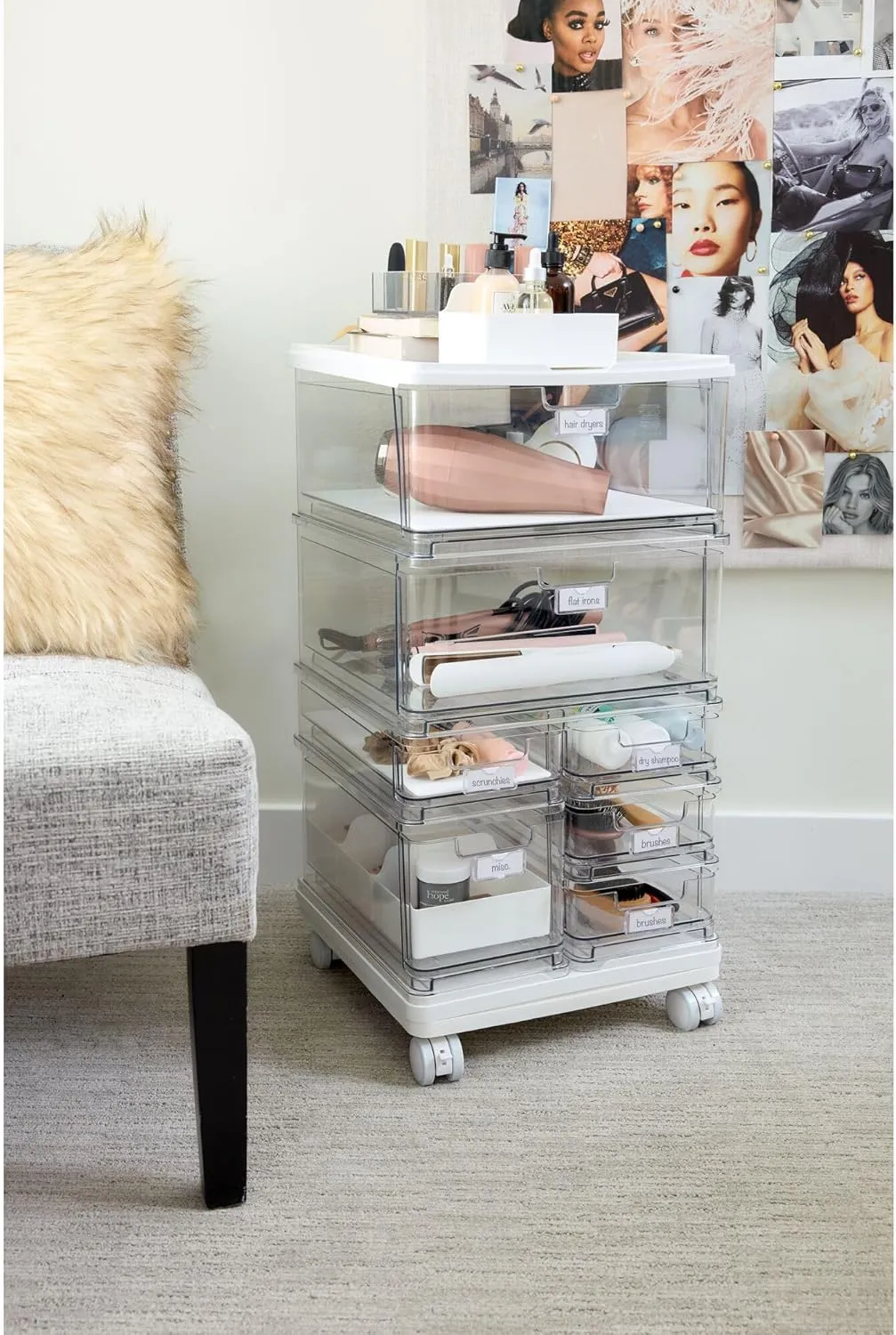 iDesign The Sarah Tanno Collection Large 7-Drawer Stacking Cosmetic Organizer Cart, Clear/White