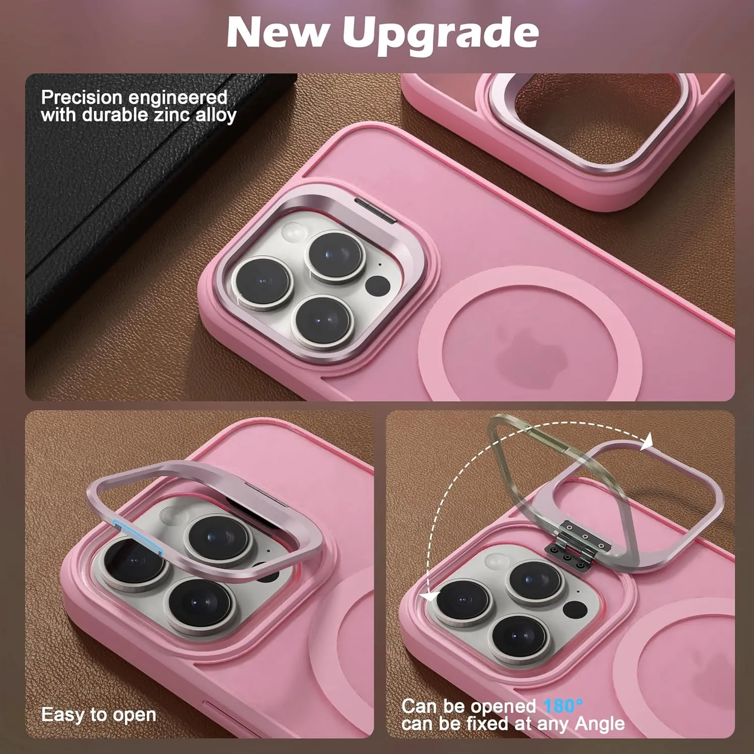 IDweel for iPhone 15 Pro Max Case with Screen Protector & Camera Lens Protector,Compatible with MagSafe,Built-in Camera Stash Stand,Magnetic Hard Back Soft Edge Anti-Fingerprint Cover,Clear Pink