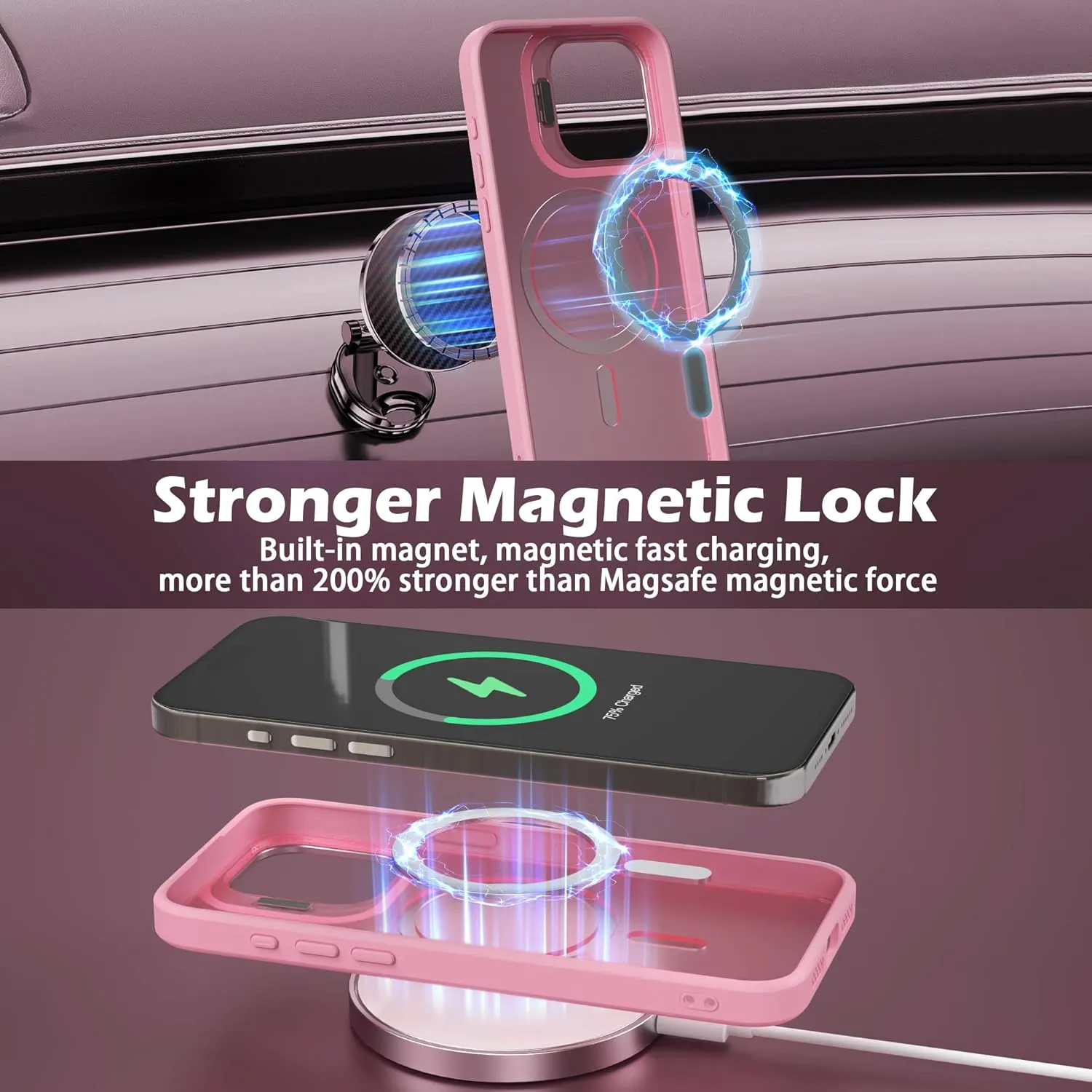 IDweel for iPhone 15 Pro Max Case with Screen Protector & Camera Lens Protector,Compatible with MagSafe,Built-in Camera Stash Stand,Magnetic Hard Back Soft Edge Anti-Fingerprint Cover,Clear Pink