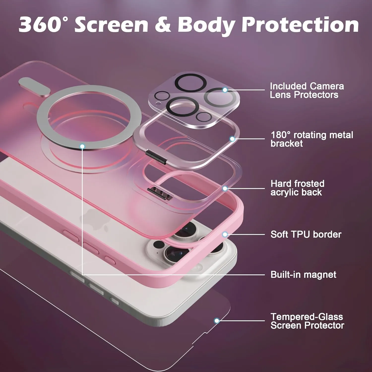 IDweel for iPhone 15 Pro Max Case with Screen Protector & Camera Lens Protector,Compatible with MagSafe,Built-in Camera Stash Stand,Magnetic Hard Back Soft Edge Anti-Fingerprint Cover,Clear Pink