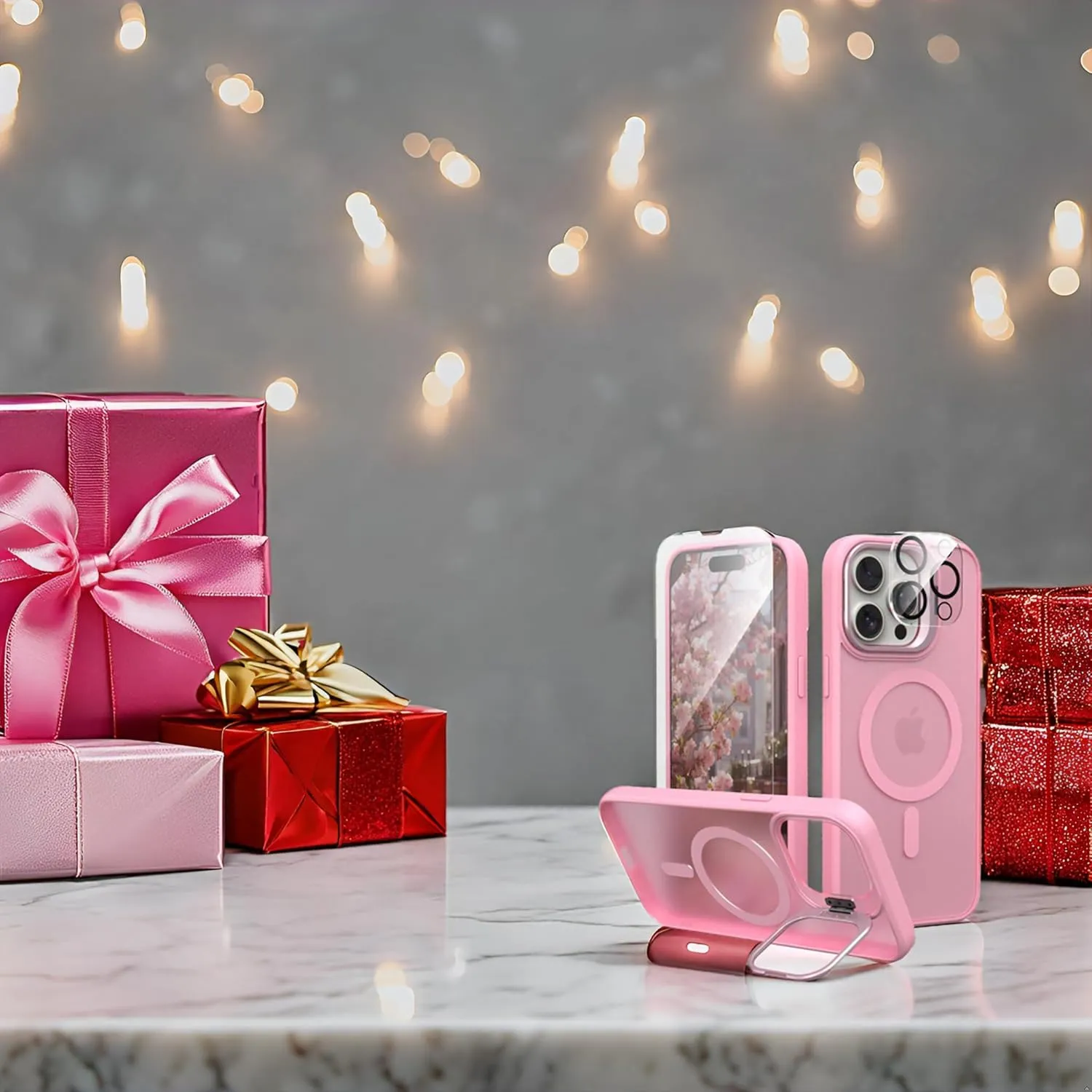 IDweel for iPhone 15 Pro Max Case with Screen Protector & Camera Lens Protector,Compatible with MagSafe,Built-in Camera Stash Stand,Magnetic Hard Back Soft Edge Anti-Fingerprint Cover,Clear Pink