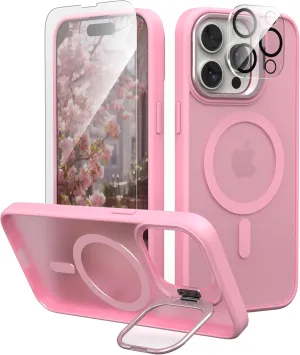 IDweel for iPhone 15 Pro Max Case with Screen Protector & Camera Lens Protector,Compatible with MagSafe,Built-in Camera Stash Stand,Magnetic Hard Back Soft Edge Anti-Fingerprint Cover,Clear Pink