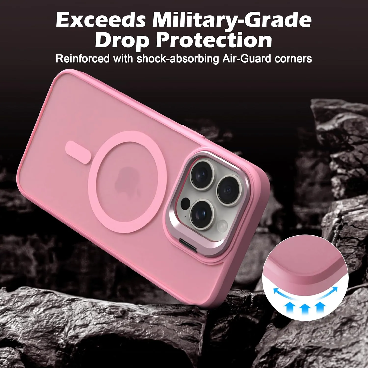 IDweel for iPhone 15 Pro Max Case with Screen Protector & Camera Lens Protector,Compatible with MagSafe,Built-in Camera Stash Stand,Magnetic Hard Back Soft Edge Anti-Fingerprint Cover,Clear Pink