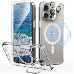 IDweel for iPhone 15 Pro Max Case with Screen Protector & Camera Lens Protector,Compatible with MagSafe,Built-in Camera Stash Stand,Magnetic Hard Back Soft Edge Anti-Fingerprint Flexible Cover,Clear