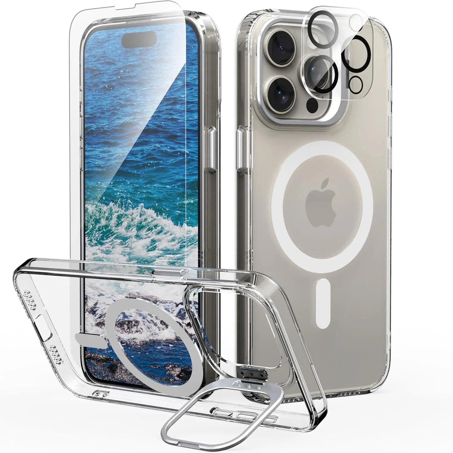 IDweel for iPhone 15 Pro Max Case with Screen Protector & Camera Lens Protector,Compatible with MagSafe,Built-in Camera Stash Stand,Magnetic Hard Back Soft Edge Anti-Fingerprint Flexible Cover,Clear
