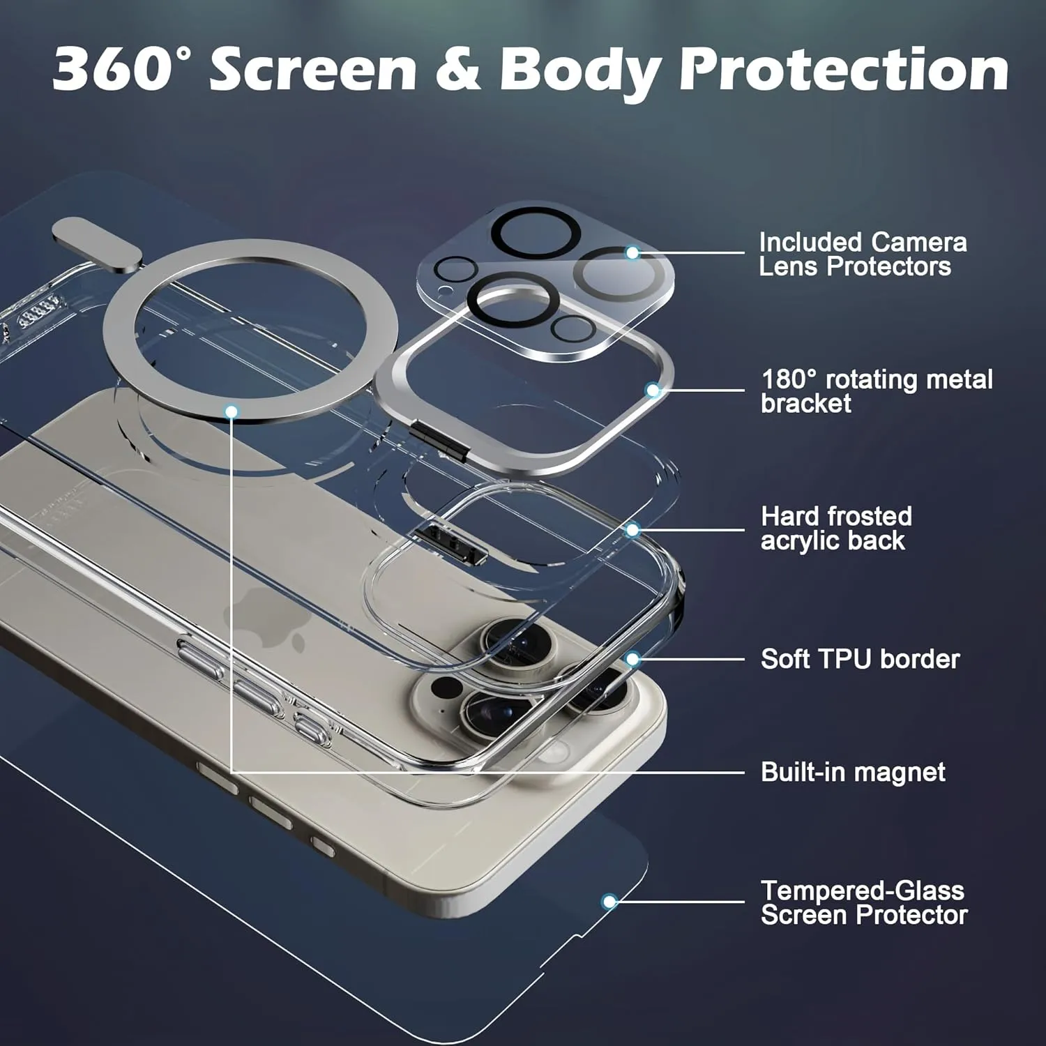 IDweel for iPhone 15 Pro Max Case with Screen Protector & Camera Lens Protector,Compatible with MagSafe,Built-in Camera Stash Stand,Magnetic Hard Back Soft Edge Anti-Fingerprint Flexible Cover,Clear
