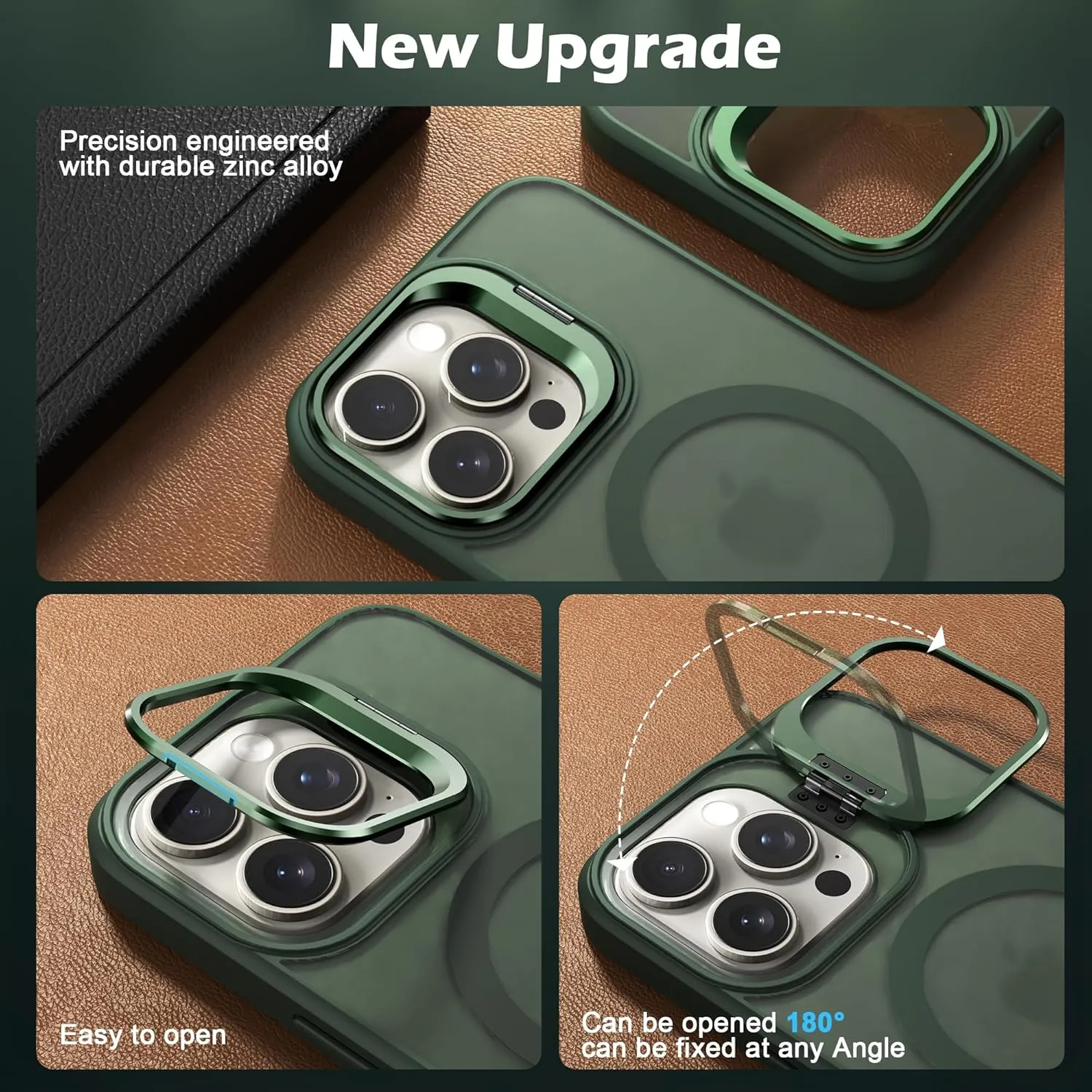IDweel for iPhone 15 Pro Max Case with Screen Protector & Camera Lens Protector,Compatible with MagSafe,Built-in Camera Stash Stand,Magnetic Hard Back Soft Edge Anti-Fingerprint Flexible Cover,Green
