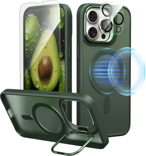IDweel for iPhone 15 Pro Max Case with Screen Protector & Camera Lens Protector,Compatible with MagSafe,Built-in Camera Stash Stand,Magnetic Hard Back Soft Edge Anti-Fingerprint Flexible Cover,Green