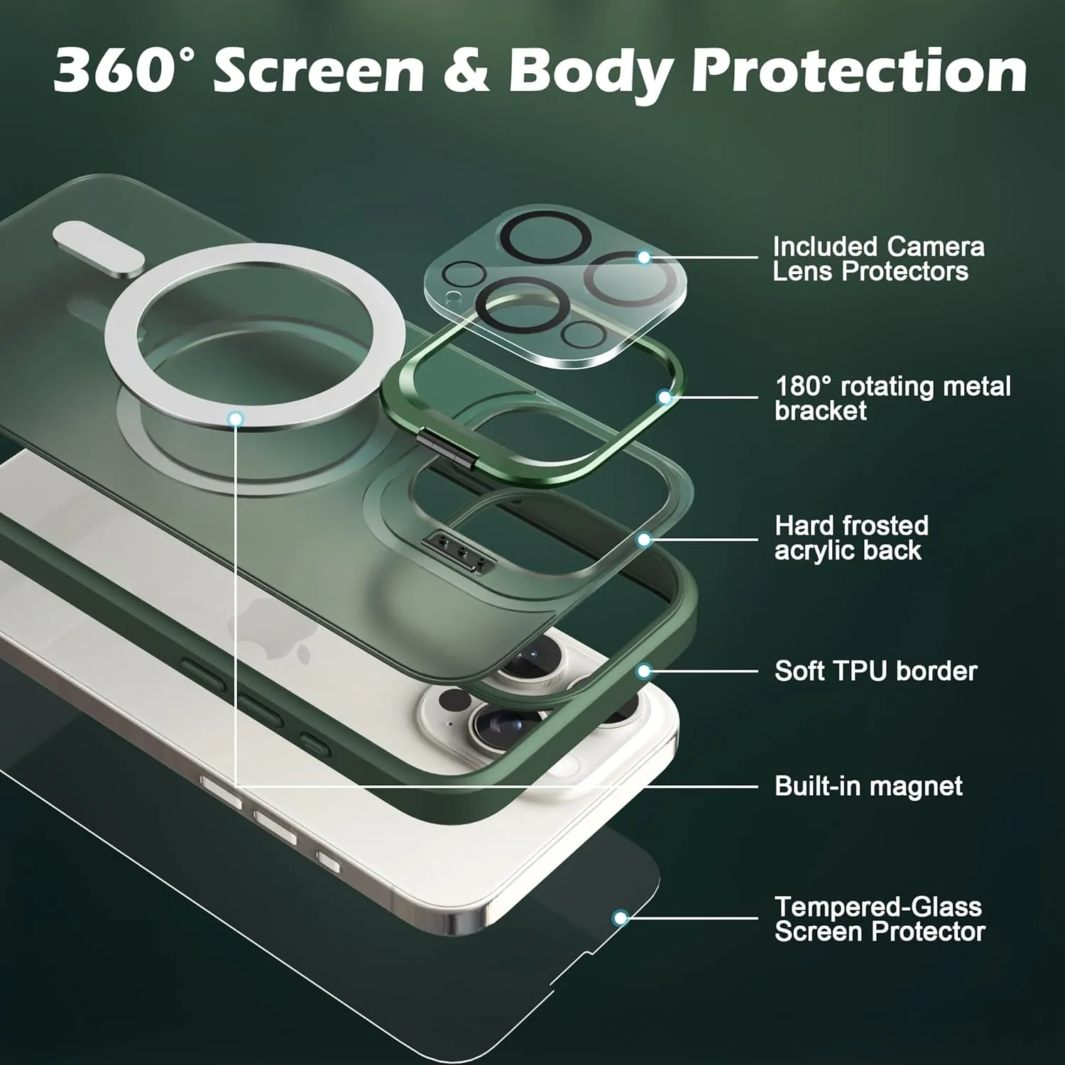 IDweel for iPhone 15 Pro Max Case with Screen Protector & Camera Lens Protector,Compatible with MagSafe,Built-in Camera Stash Stand,Magnetic Hard Back Soft Edge Anti-Fingerprint Flexible Cover,Green