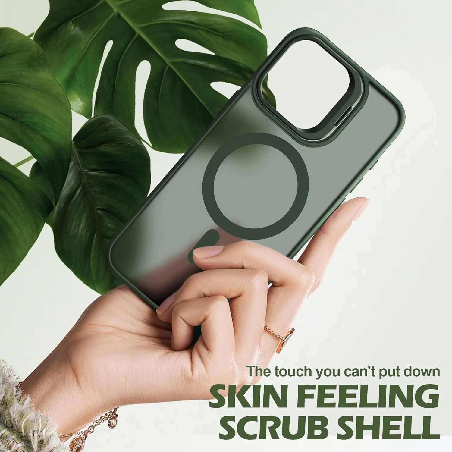 IDweel for iPhone 15 Pro Max Case with Screen Protector & Camera Lens Protector,Compatible with MagSafe,Built-in Camera Stash Stand,Magnetic Hard Back Soft Edge Anti-Fingerprint Flexible Cover,Green