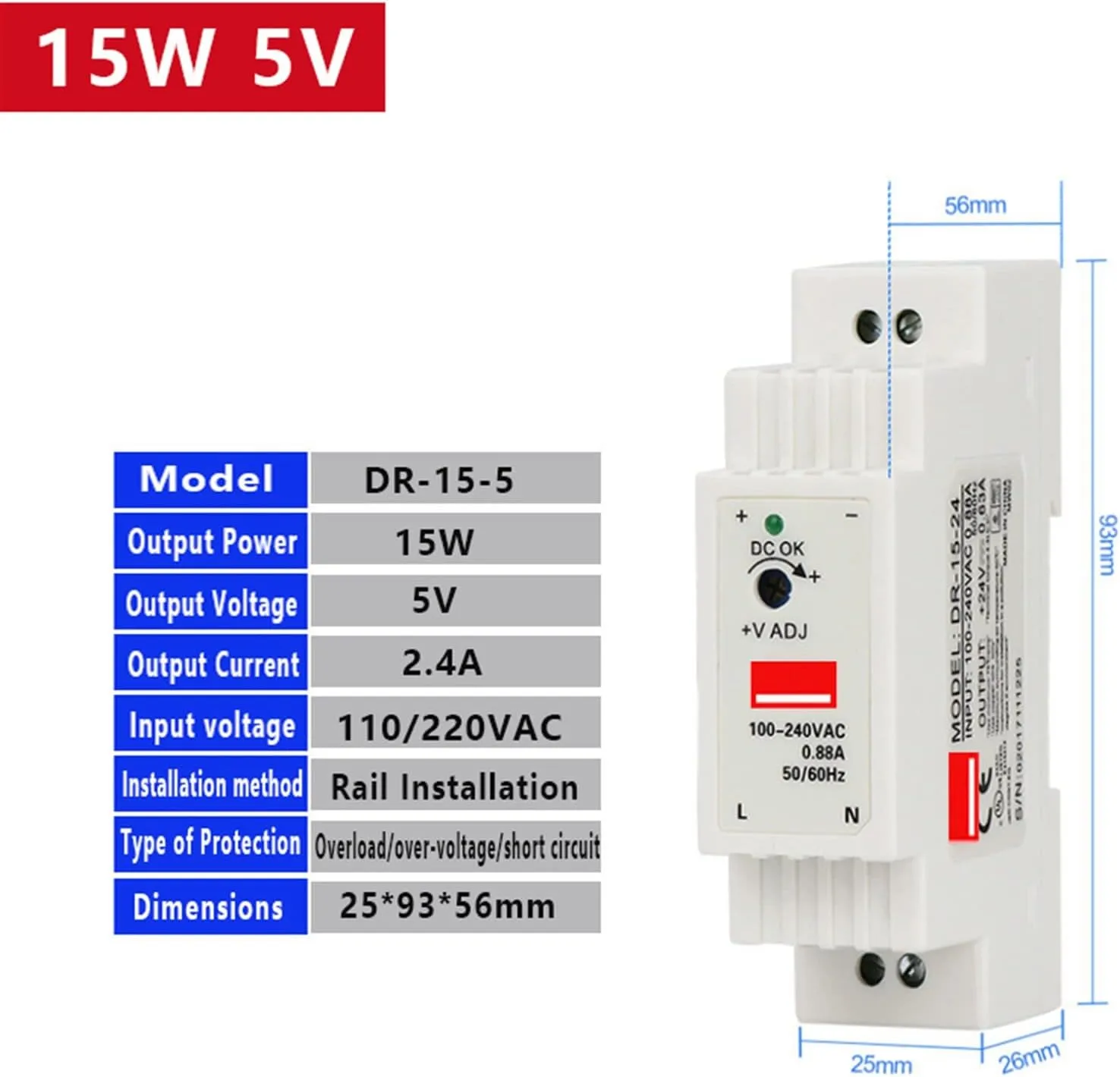 Industrial DIN Rail Switching Power Supply DR-15 15W Single Output 5V 12V 24V AC to DC Converter Power Switch Input 110/240VAC (Color : 15W 5V)